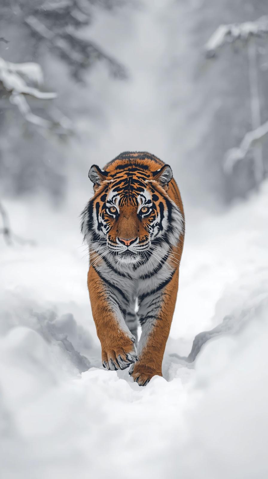 A majestic Siberian tiger walking through a deep snow covered forest landscape.