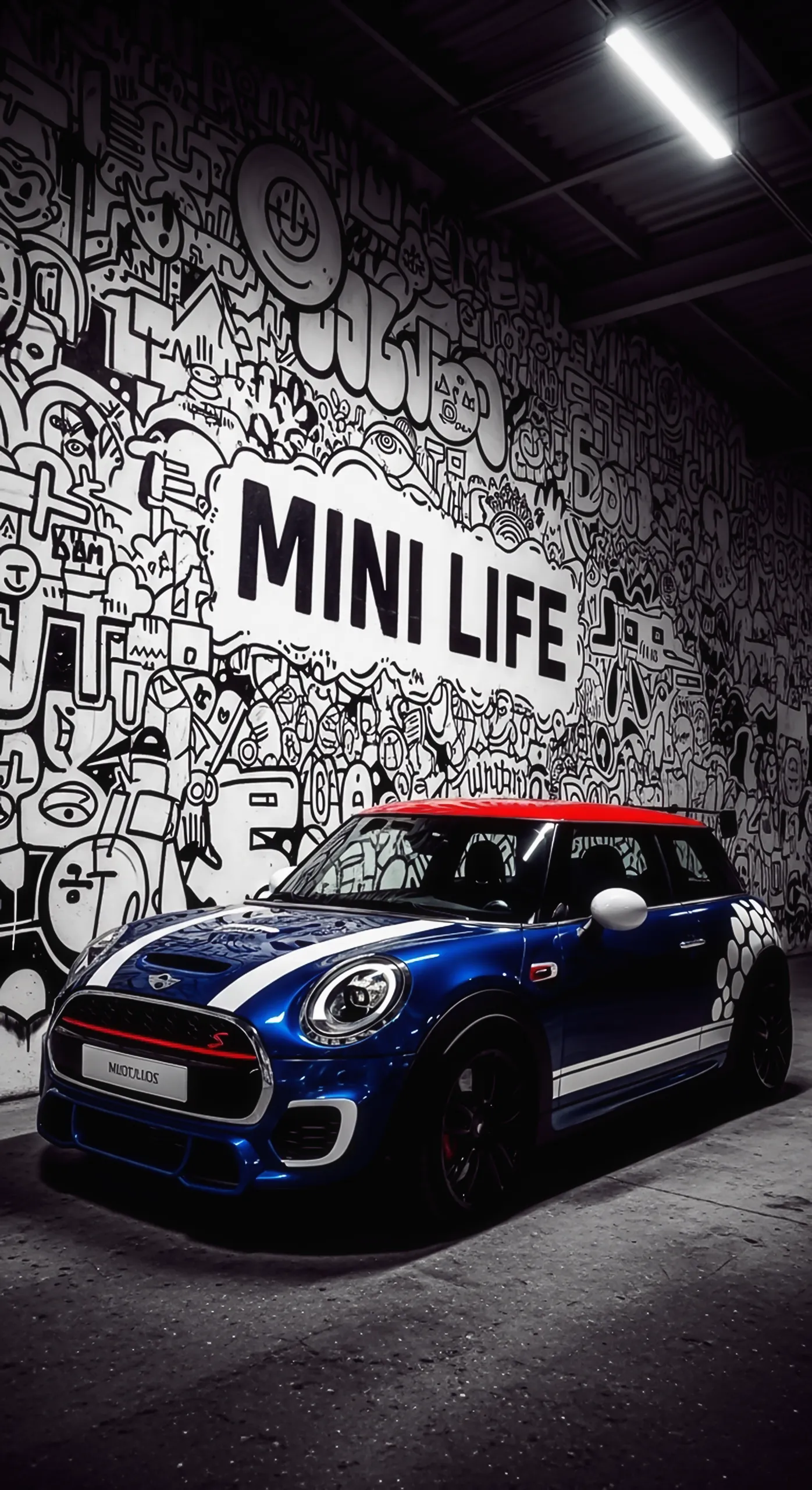 Blue Mini Cooper car iphone wallpaper, car wallpaper 4k for mobile, car wallpaper4k for mobile graffiti.