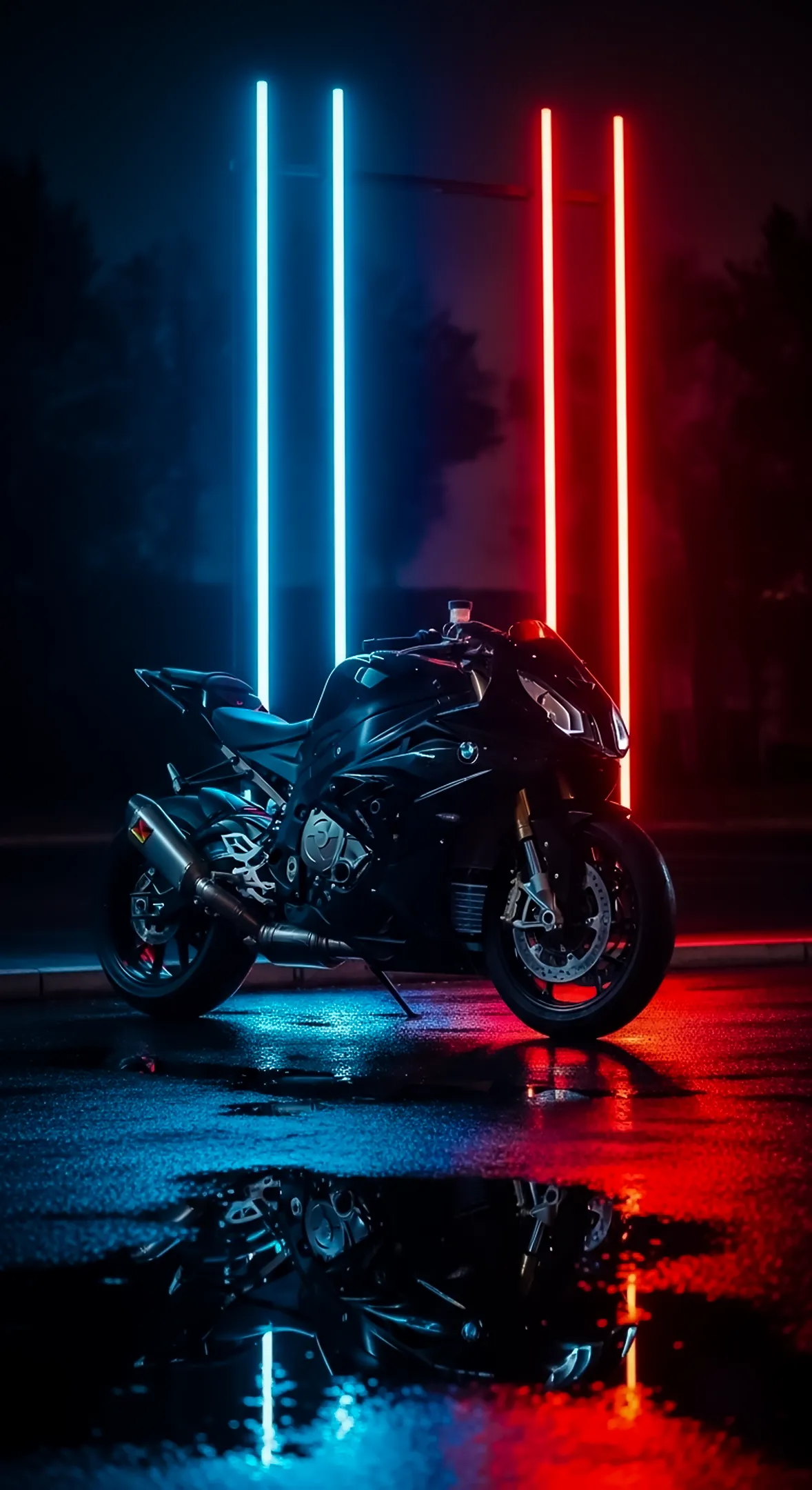 Black sportbike with red and blue neon lights reflection on wet ground. Great 4K iPhone wallpaper for mobile, 4K