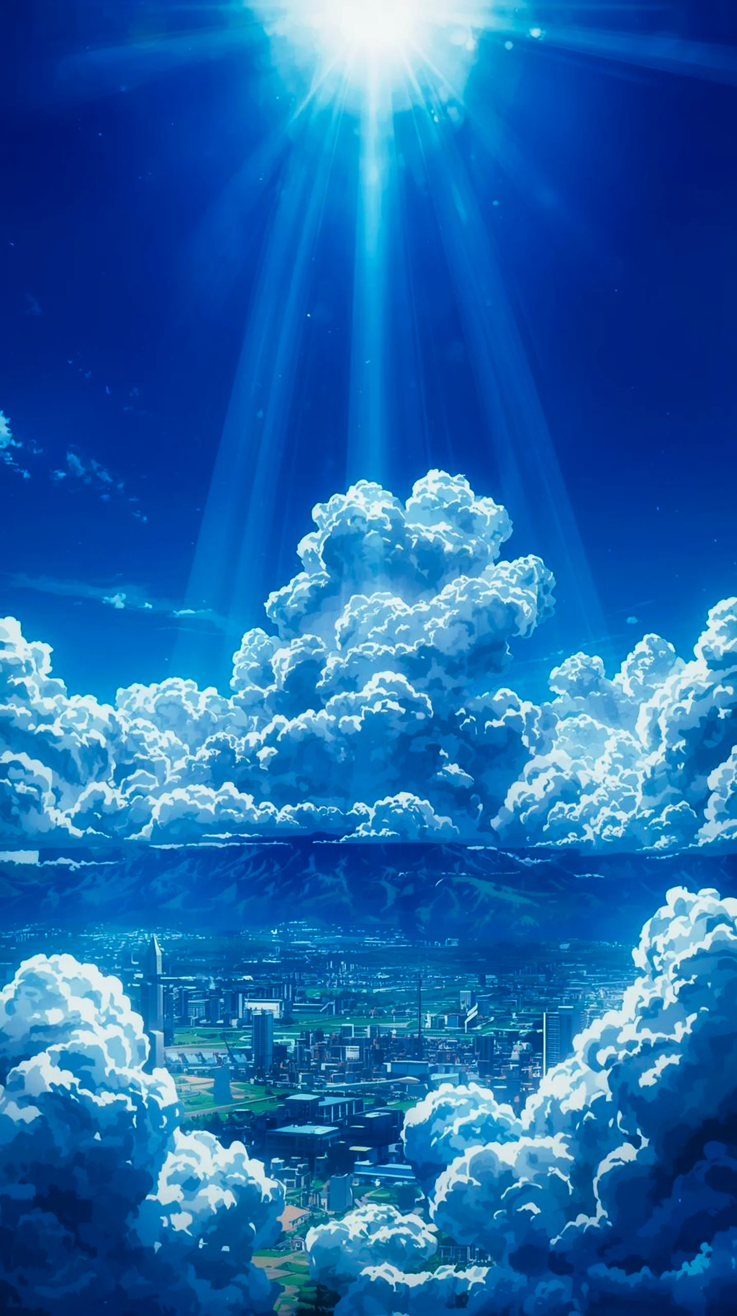 vibrant anime clouds and sunbeams wallpaper for phone 4K