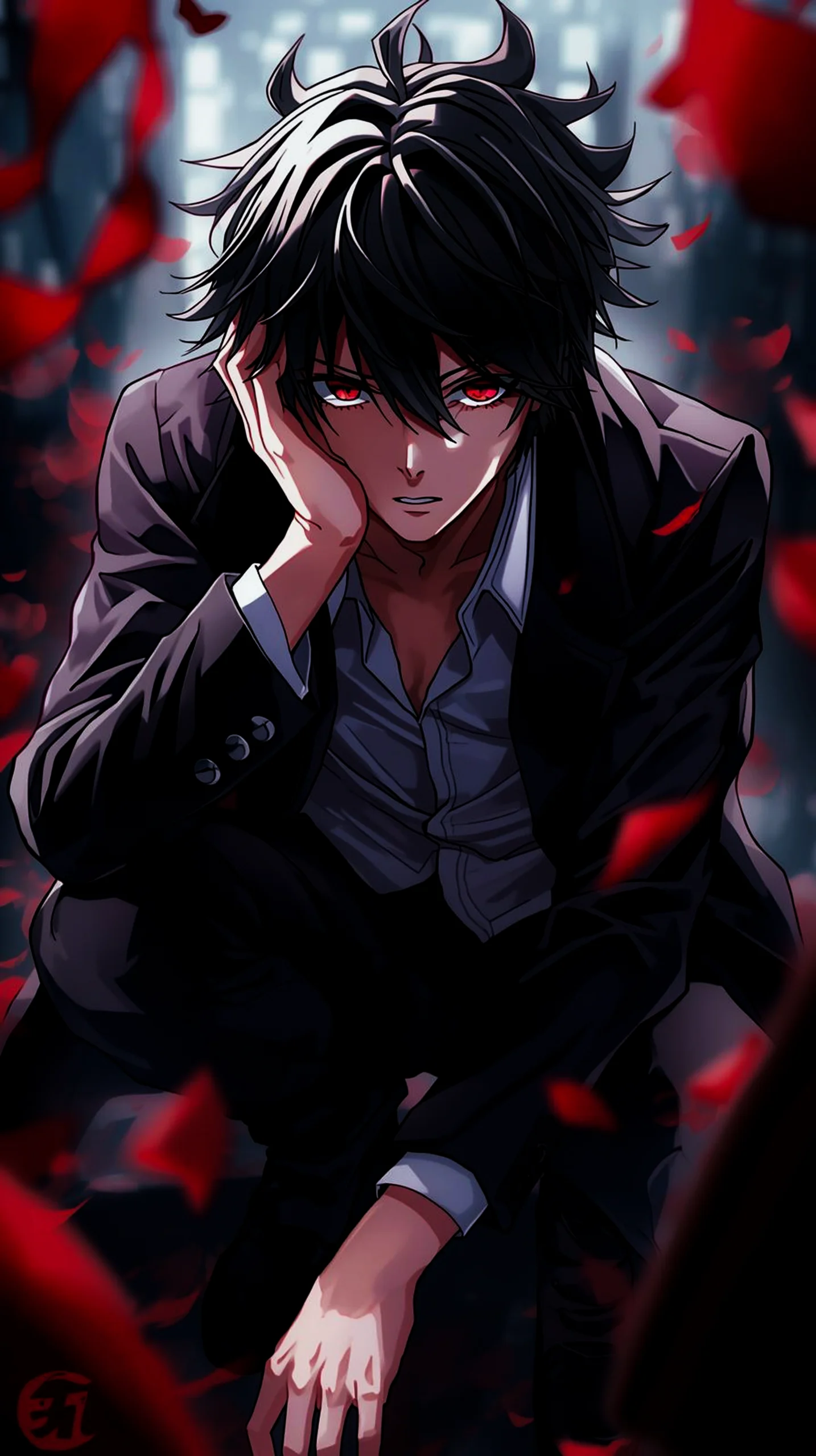Anime character with red eyes, black hair, suit, rose petals. Perfect phone wallpaper, iphone wallpaper 4k, android