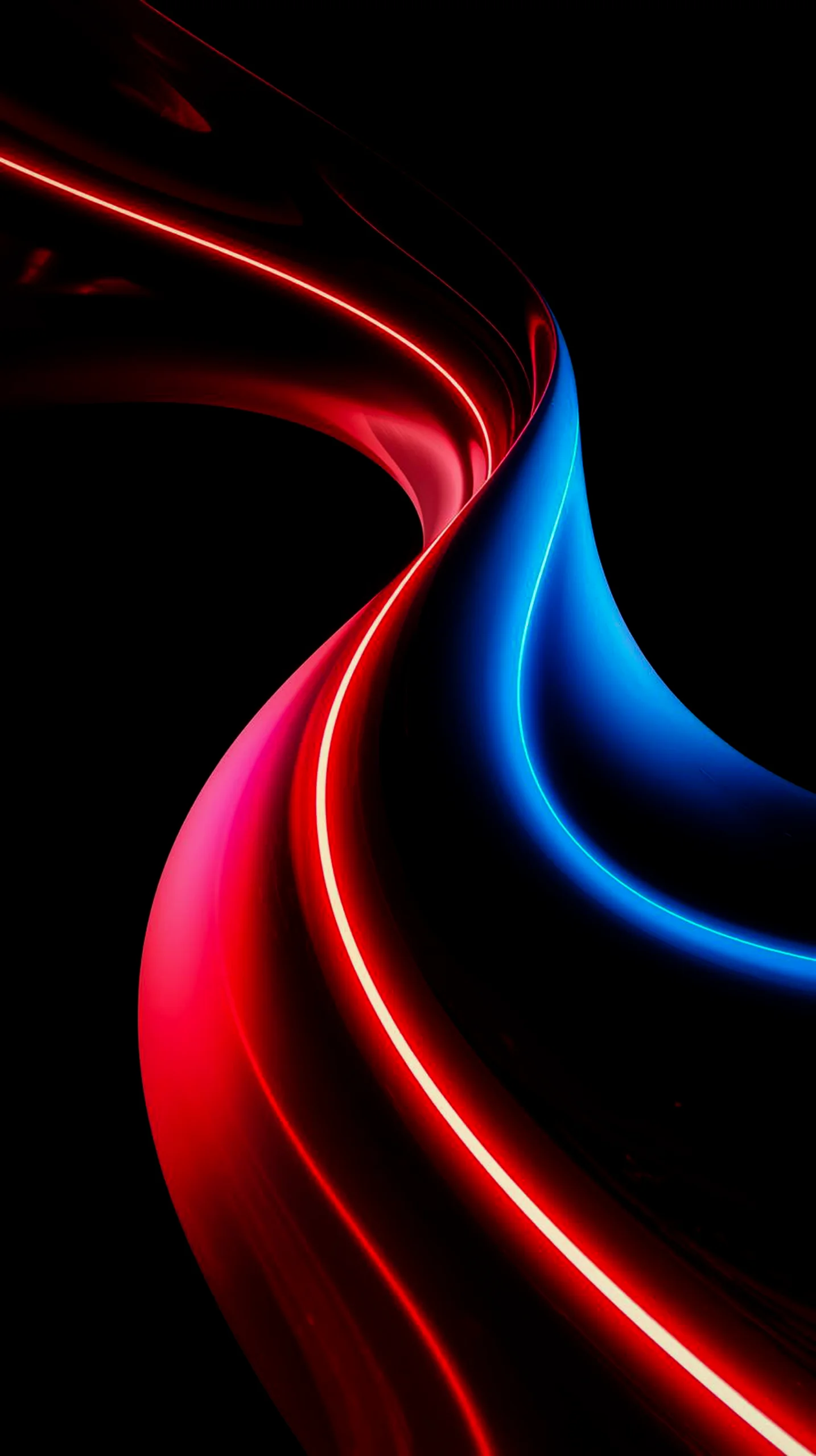 A dark AMOLED mobile wallpaper featuring glowing red and blue abstract neon lines flowing dynamically across a black