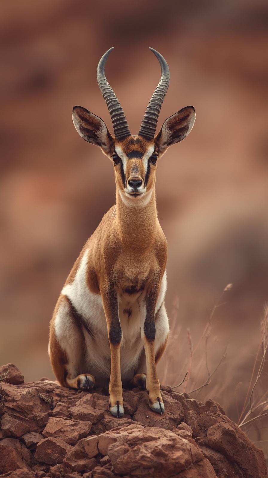 Majestic gazelle sits on rocks, calm and natural.