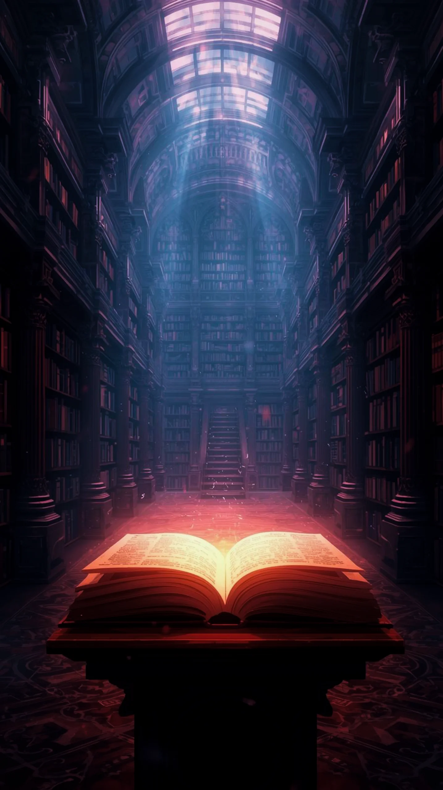 glowing open book in dark library wallpaper for phone 4K
