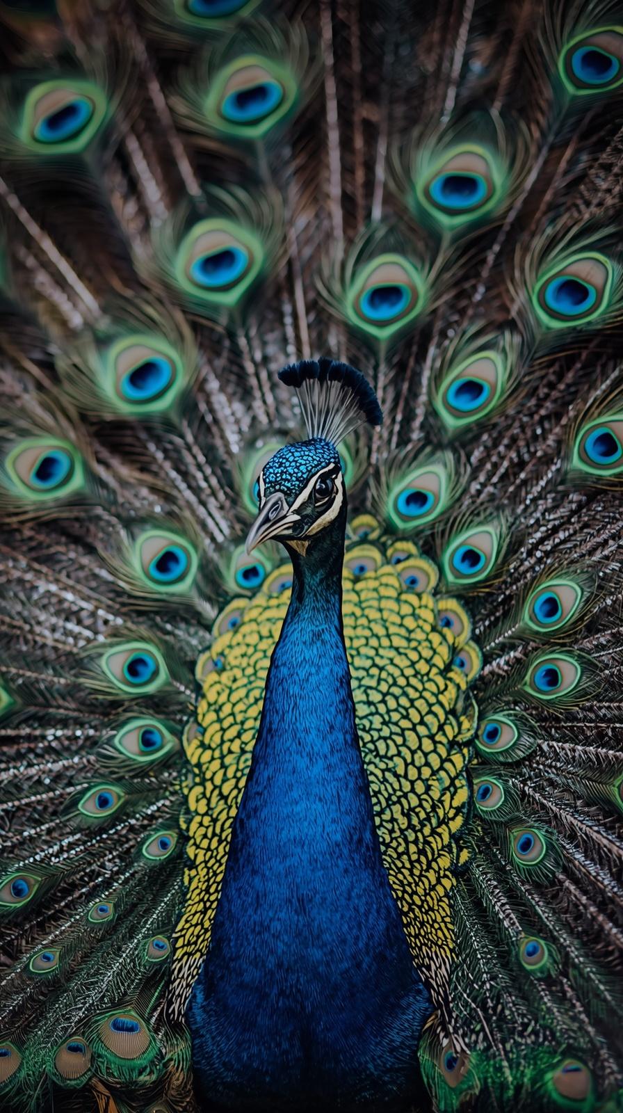 A majestic peacock with vibrant blue feathers and detailed eye patterns in high resolution.