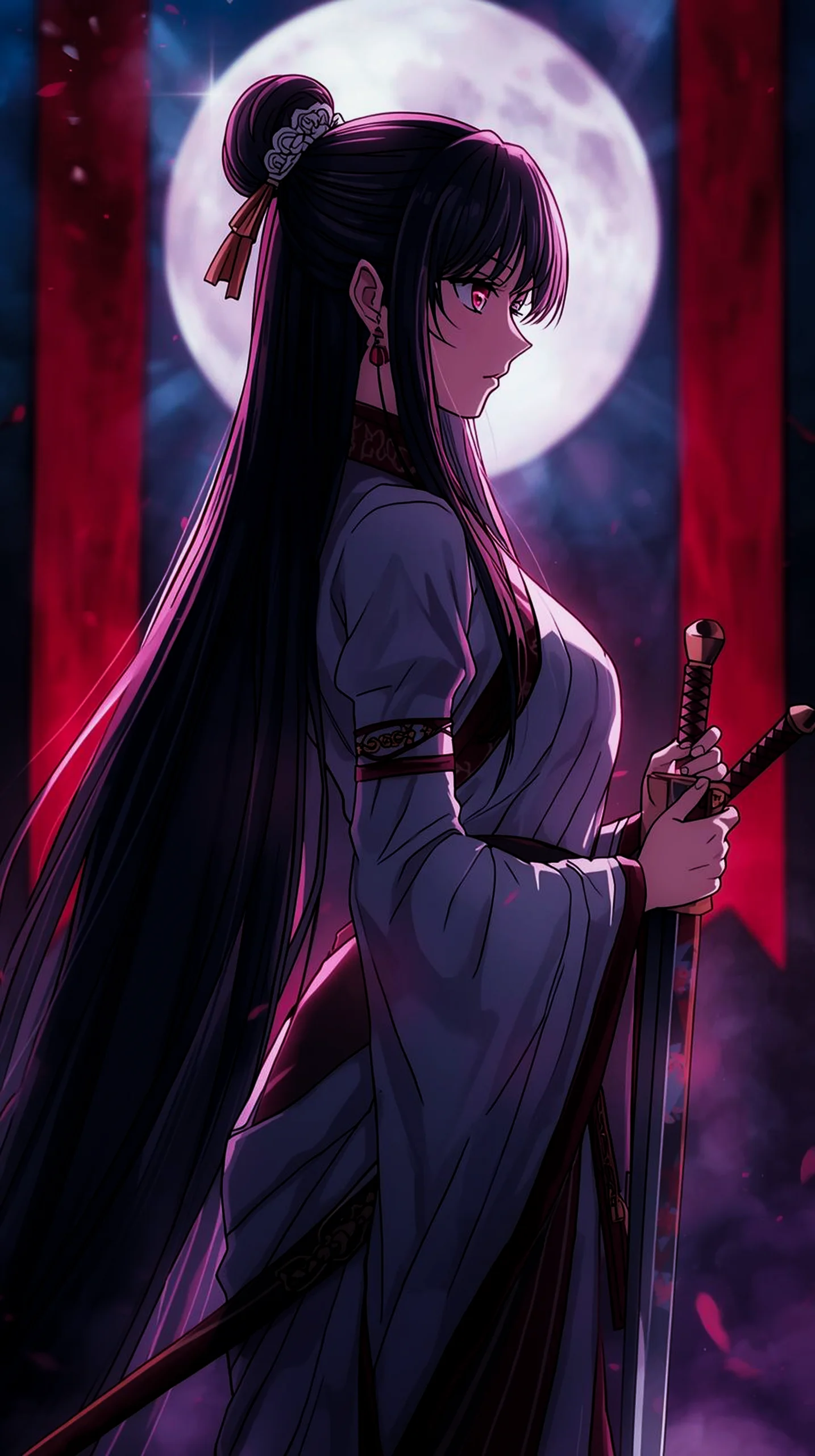 Anime girl with sword and moon background, anime wallpaper iphone, 4k anime wallpaper for mobile, aesthetic anime