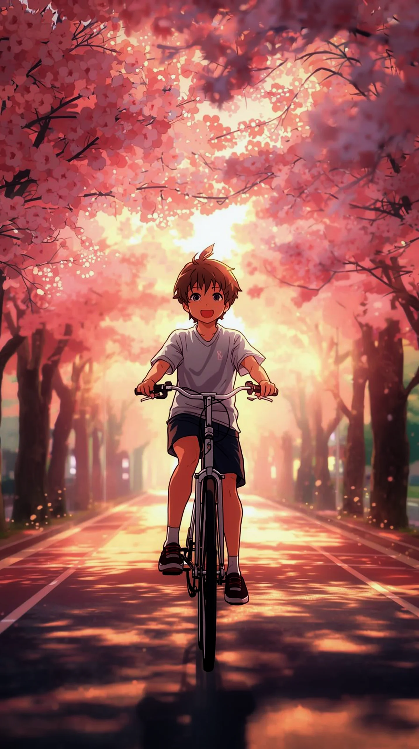 happy anime boy riding bicycle under cherry blossoms phone wallpaper 4K
