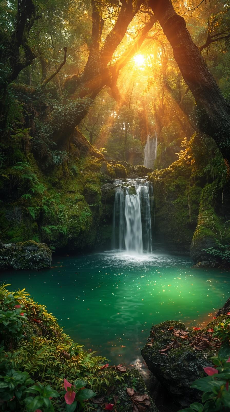 Mossy ancient forest with dramatic shaft of golden sunset Mossy ancient forest dramatic shaft golden sunset