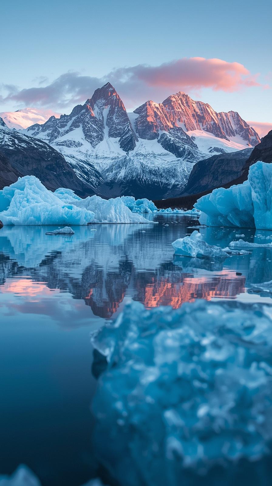 A stunning 4K iPhone wallpaper showing snow-capped mountains reflecting in a glacial lake with blue icebergs.