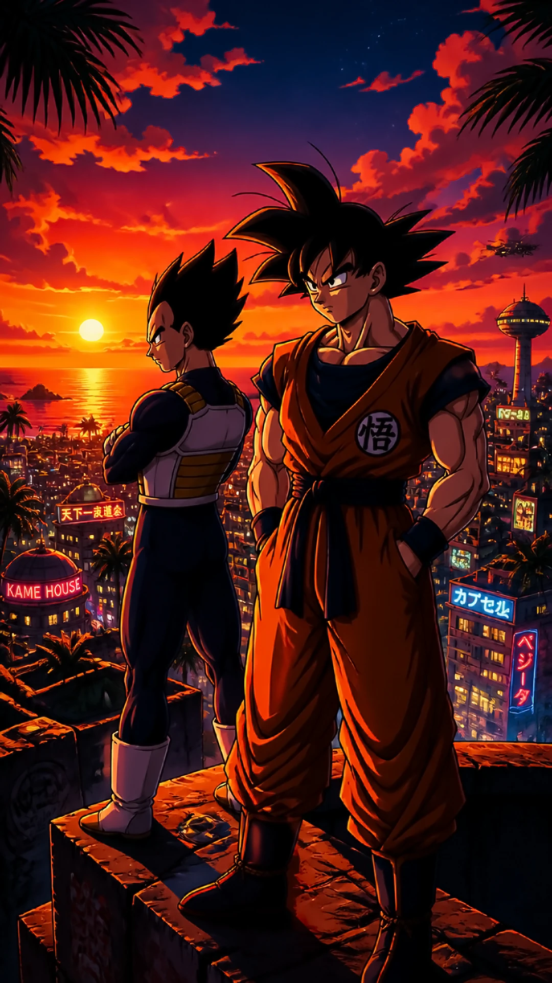 Anime background phone — orange sunset warriors two anime fighters standing on a rooftop overlooking a coastal city at orange sunset