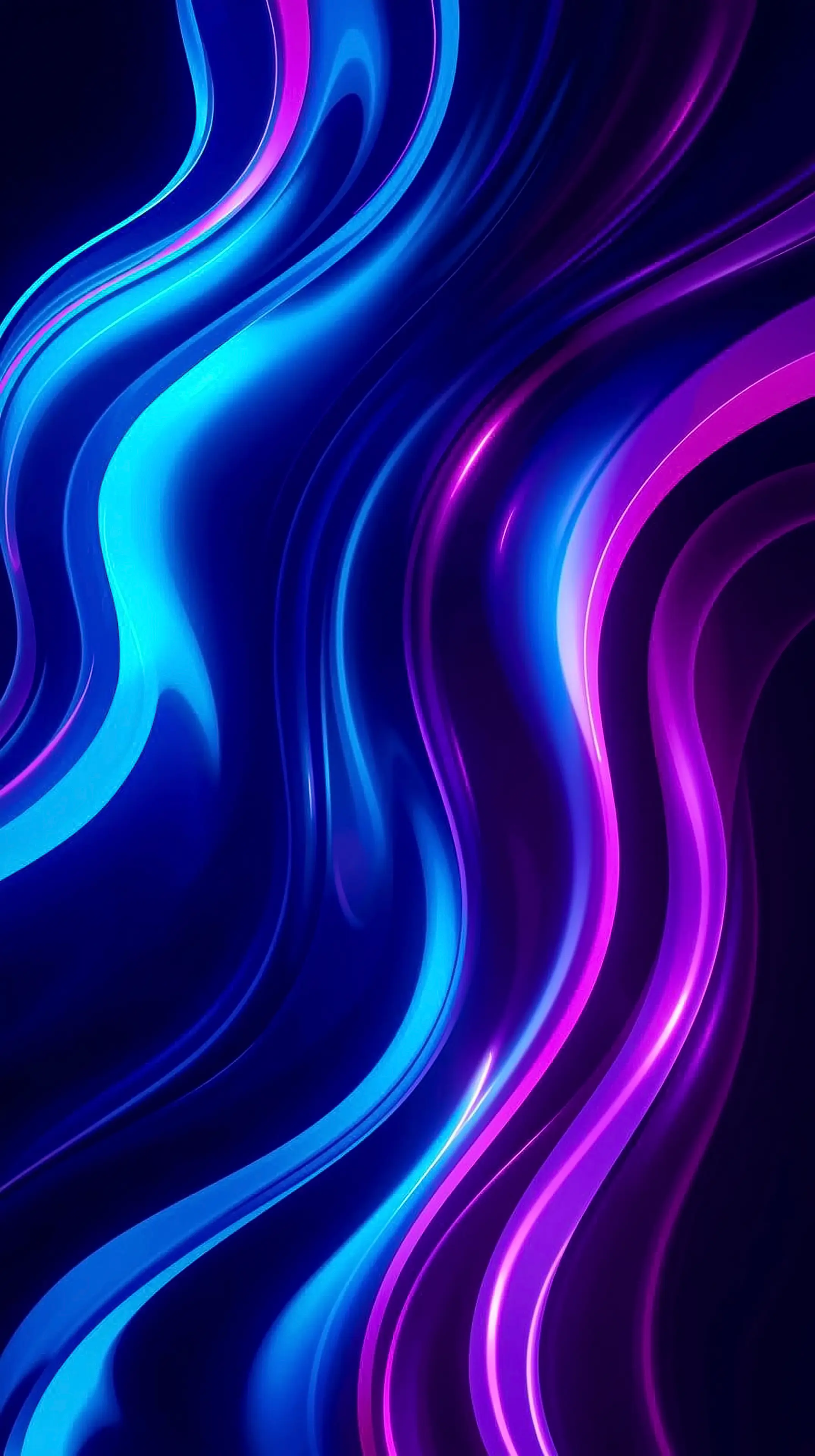 4k wallpaper for mobile Neon Pink Blue Fluid Waves, Vibrant Psychedelic Iridescent Glossy Swirls with Electric Glow on Deep Black Background
