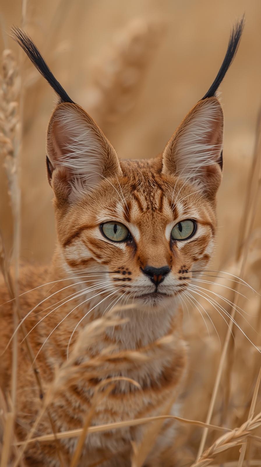 A majestic caracal cat with long ear tufts resting in golden meadow grass.