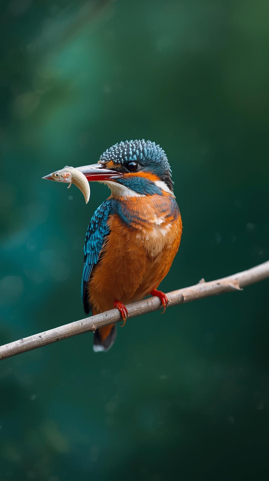 A vibrant kingfisher bird holding a small fish while perched on a thin branch.