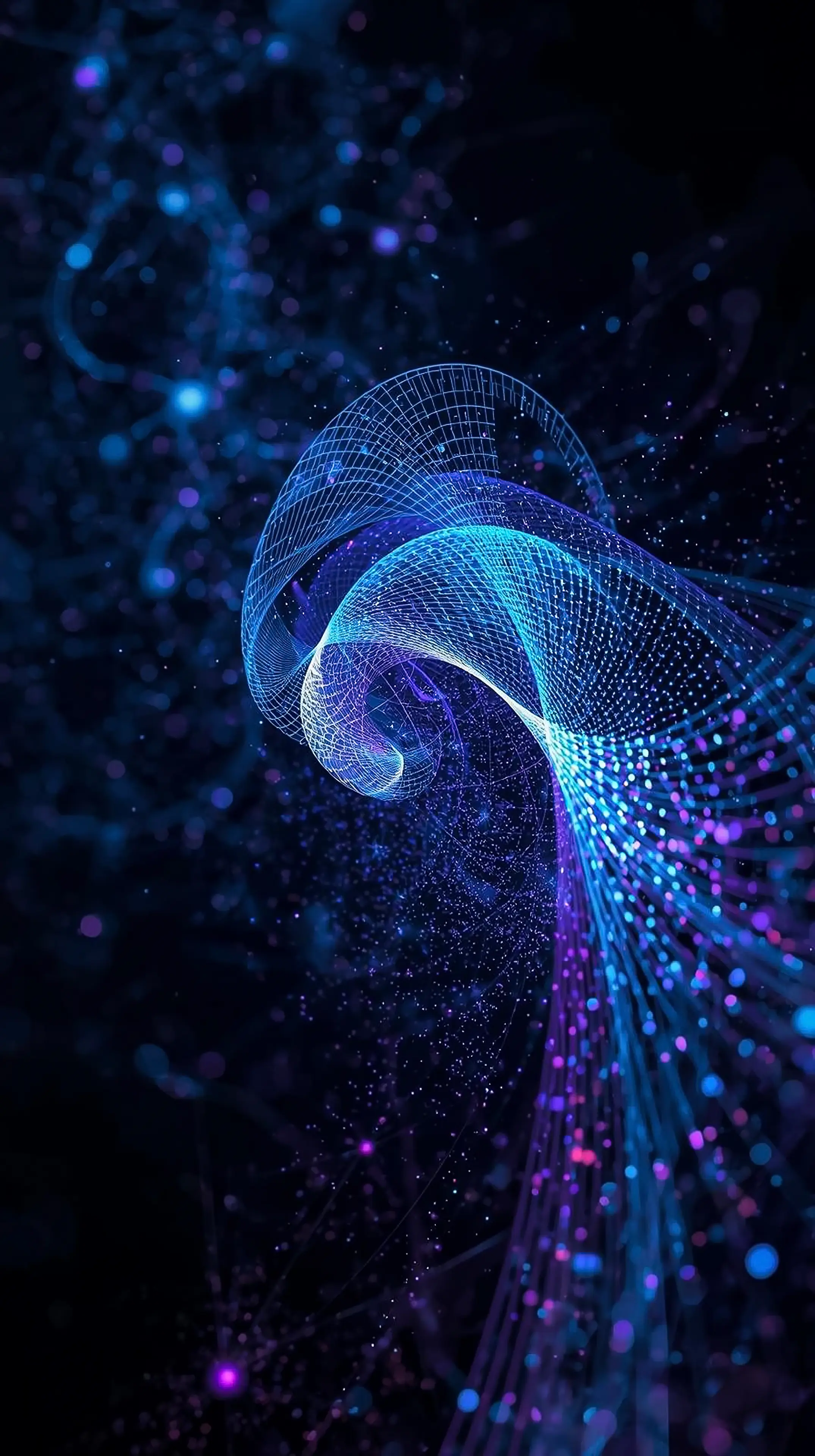 4k wallpaper for mobile Neon Blue Purple Digital Vortex, Futuristic Glowing Wireframe Spiral Mesh with Particle Glow & C