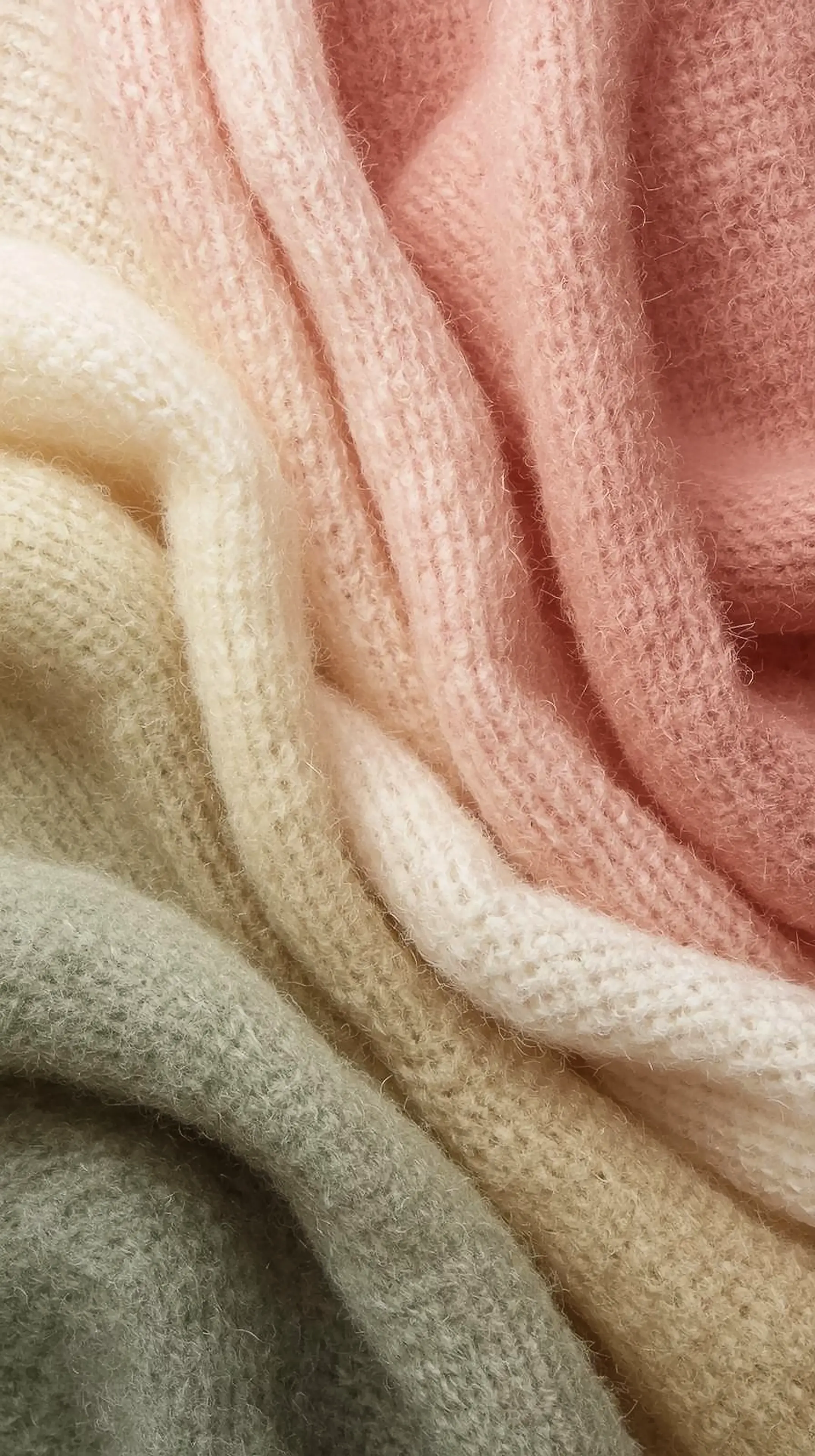 4k wallpaper for mobile Soft Pastel Knitted Fabric Texture, Cozy Wool Cashmere Layers in Peach Pink Beige Sage Green Aesthetic