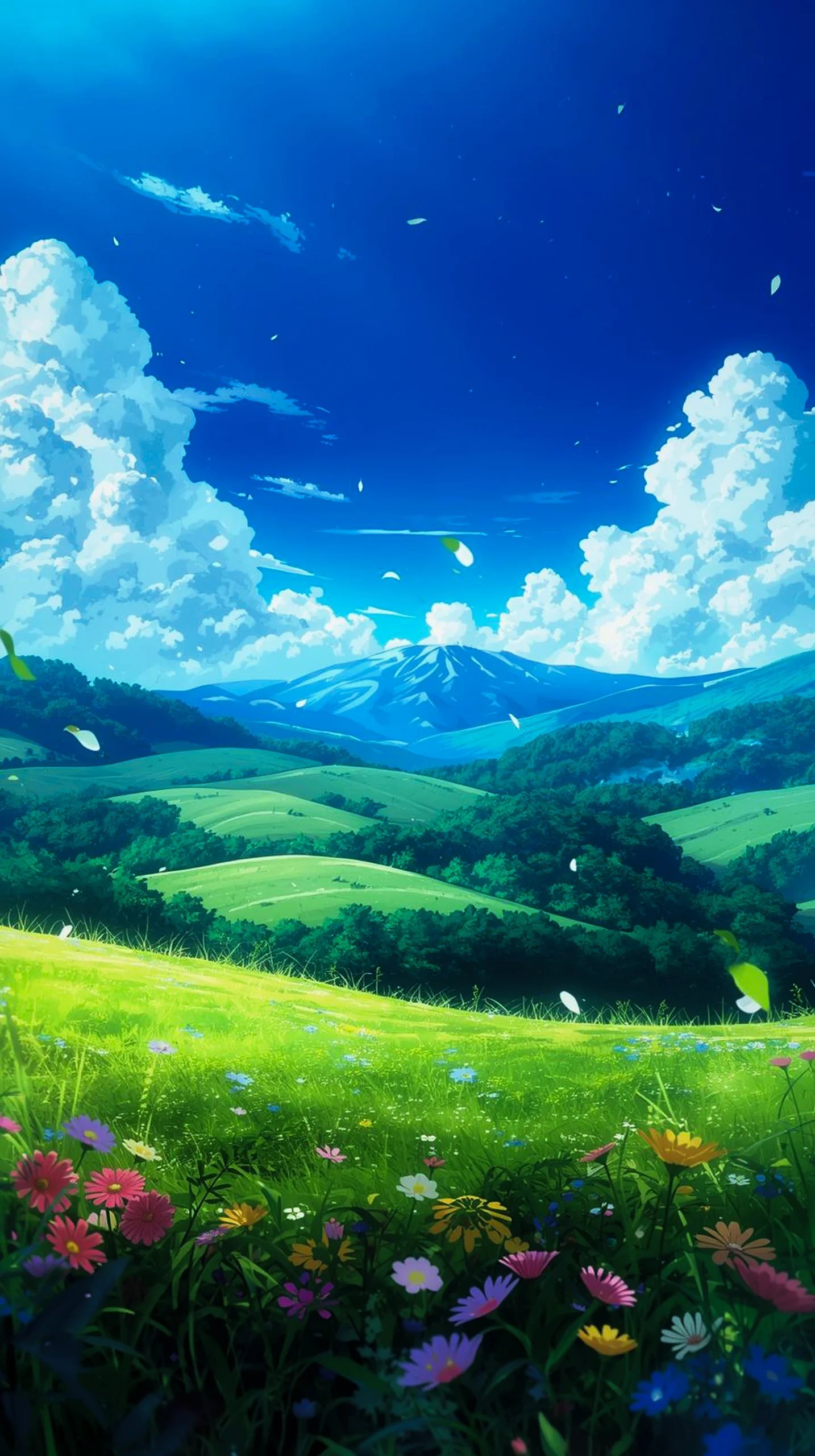 vibrant anime landscape with colorful flowers wallpaper for phone 4K HD