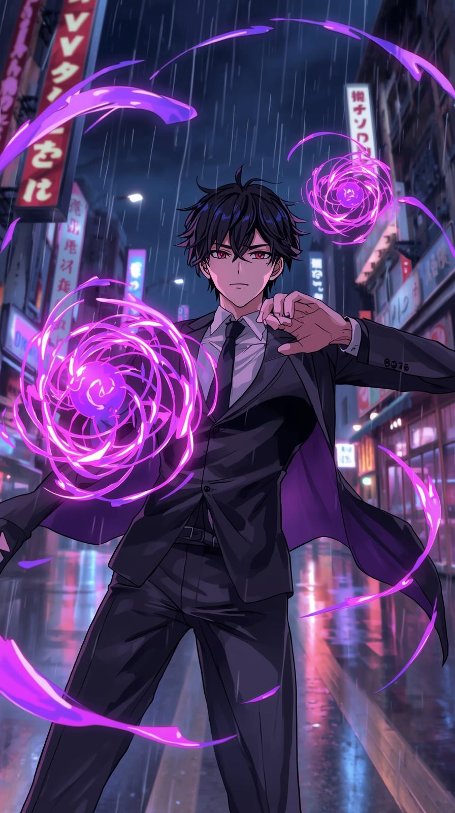 4k backgrounds iphone - Stylish anime man in a black suit iphone background 4k anime suit purple energy magic neon city