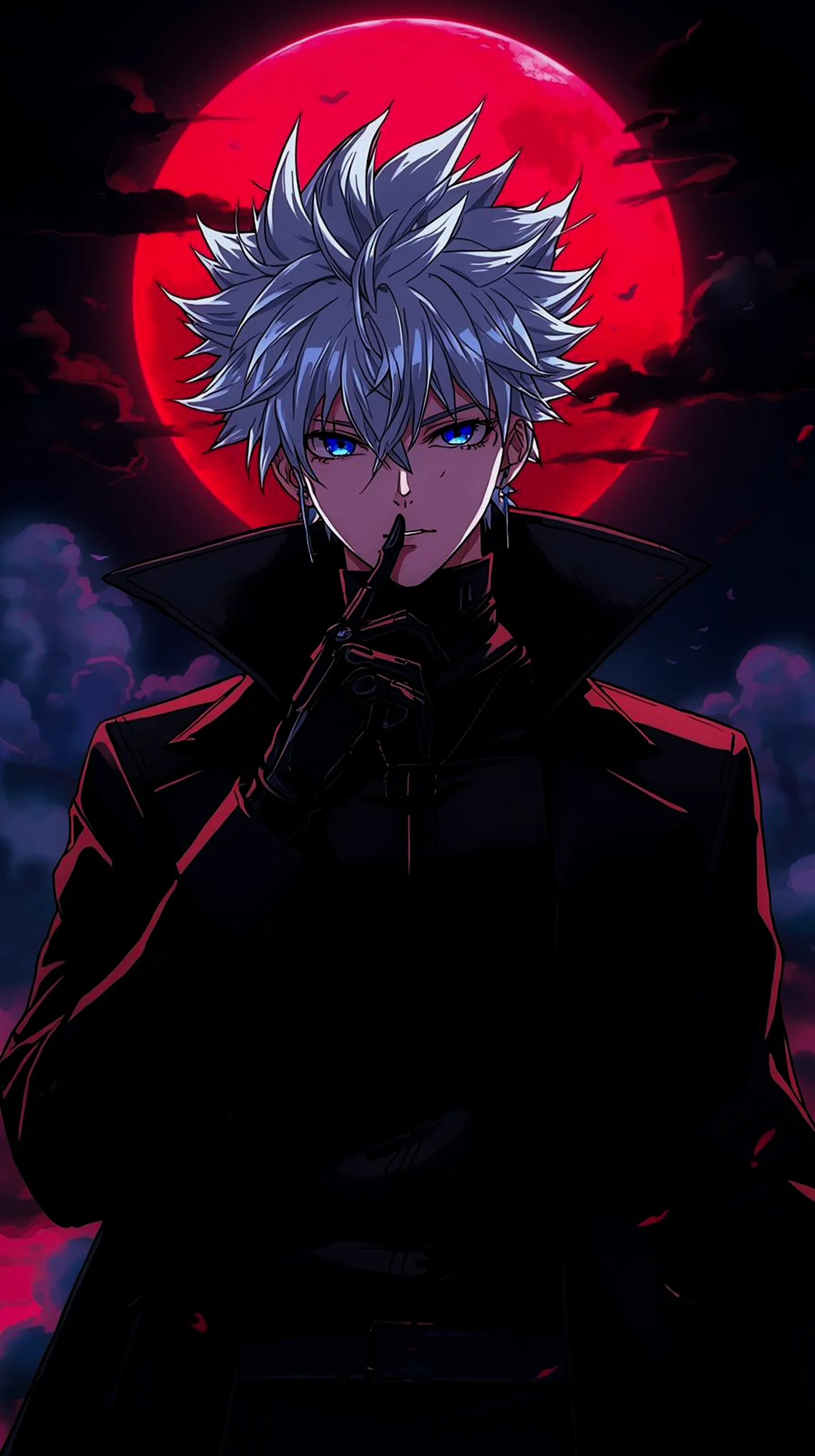 Anime character with white hair and blue eyes against a red moon, perfect for iPhone or Android mobile wallpaper.