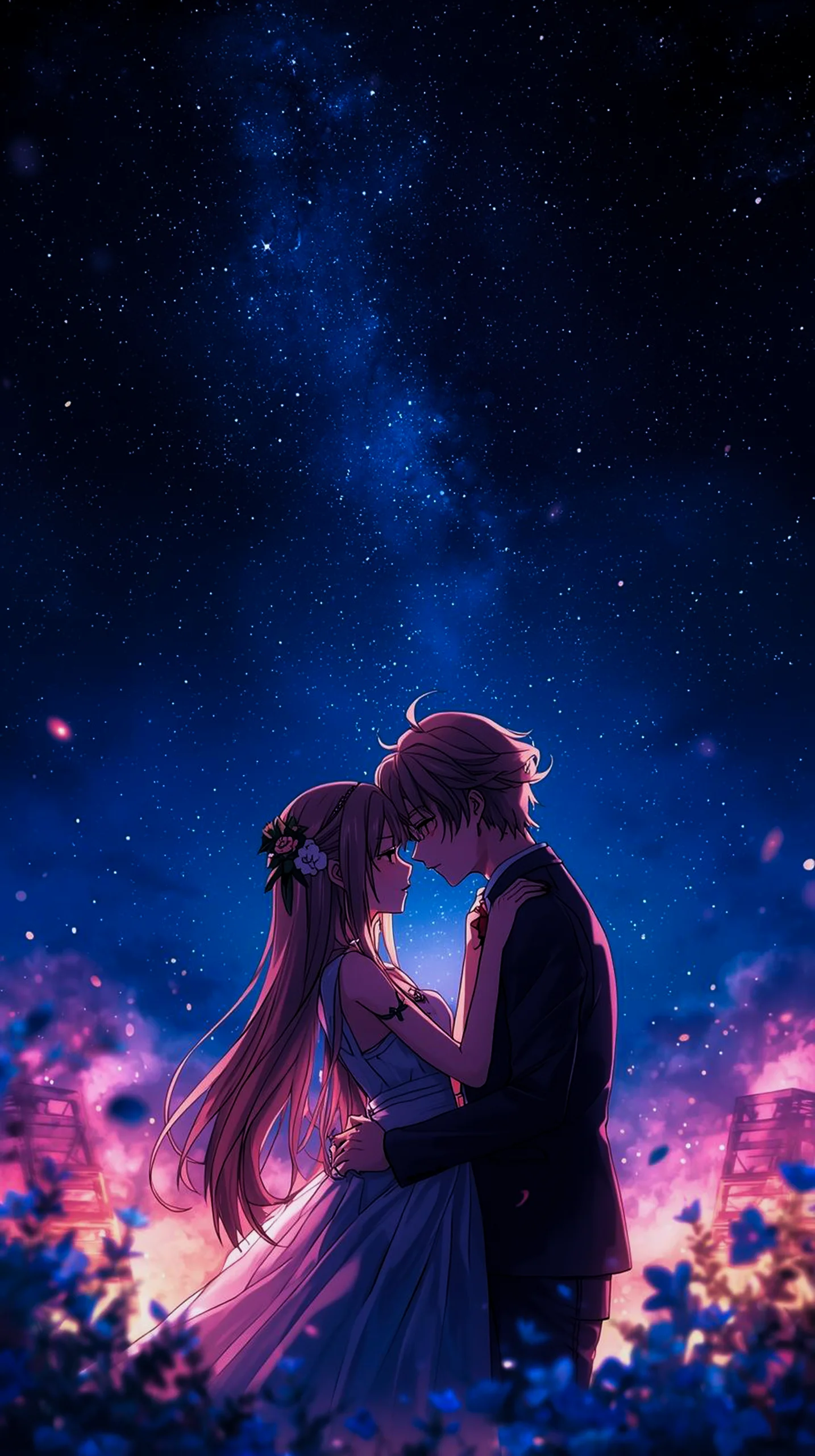 romantic anime couple under starry sky wallpaper for phone 4K