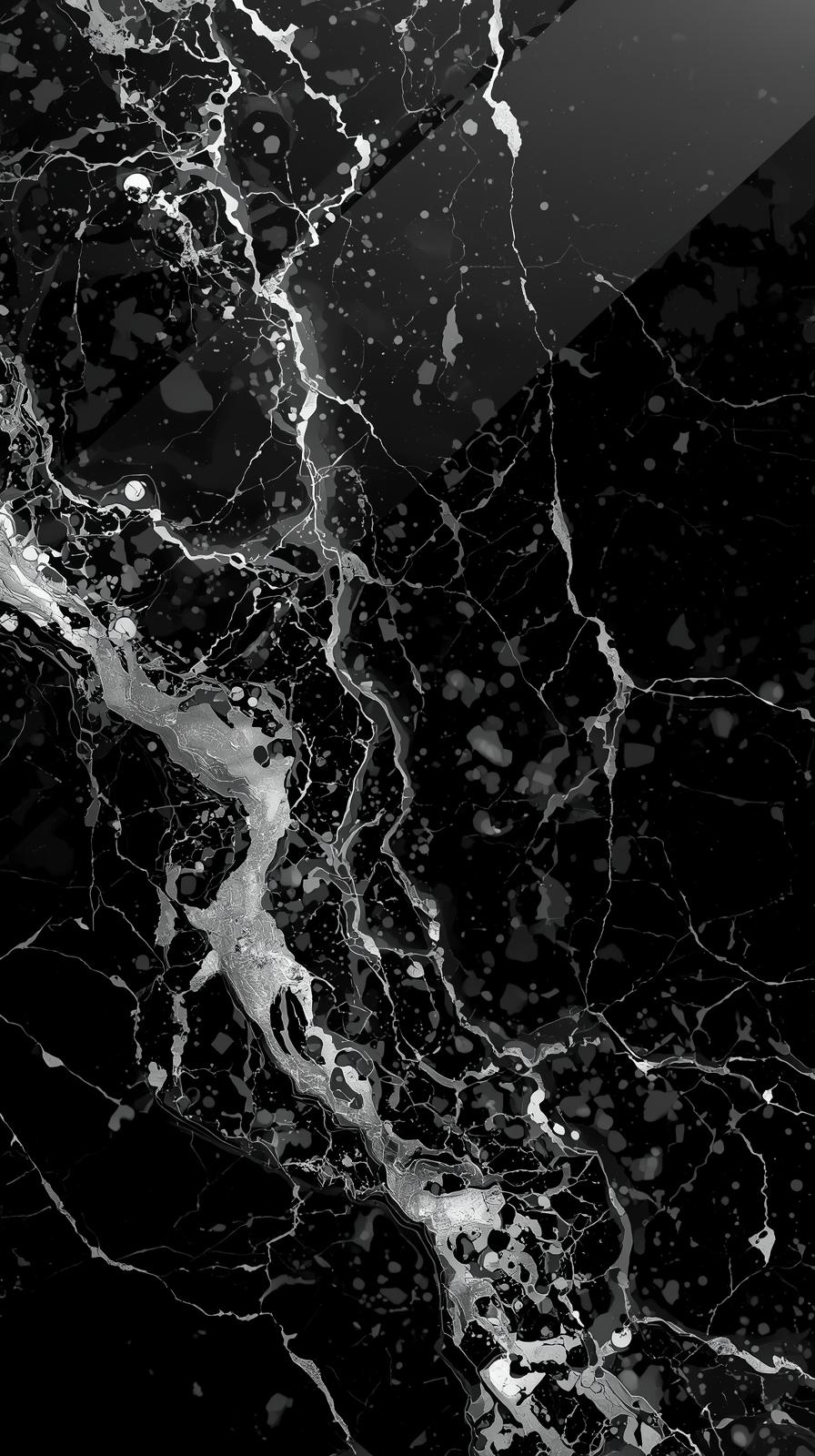 iphone wallpaper 4k Luxurious Black Marble with Molten Silver Veins Glossy Metallic Cracks Dramatic White Gold Flow Deep Black Background Premium Elegant Aesthetic