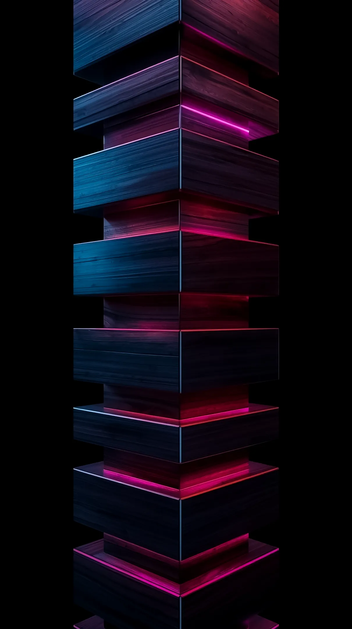 Dark abstract geometric tower with neon pink and blue lights, AMOLED wallpaper 4K for mobile, iPhone wallpaper 4K, 4K