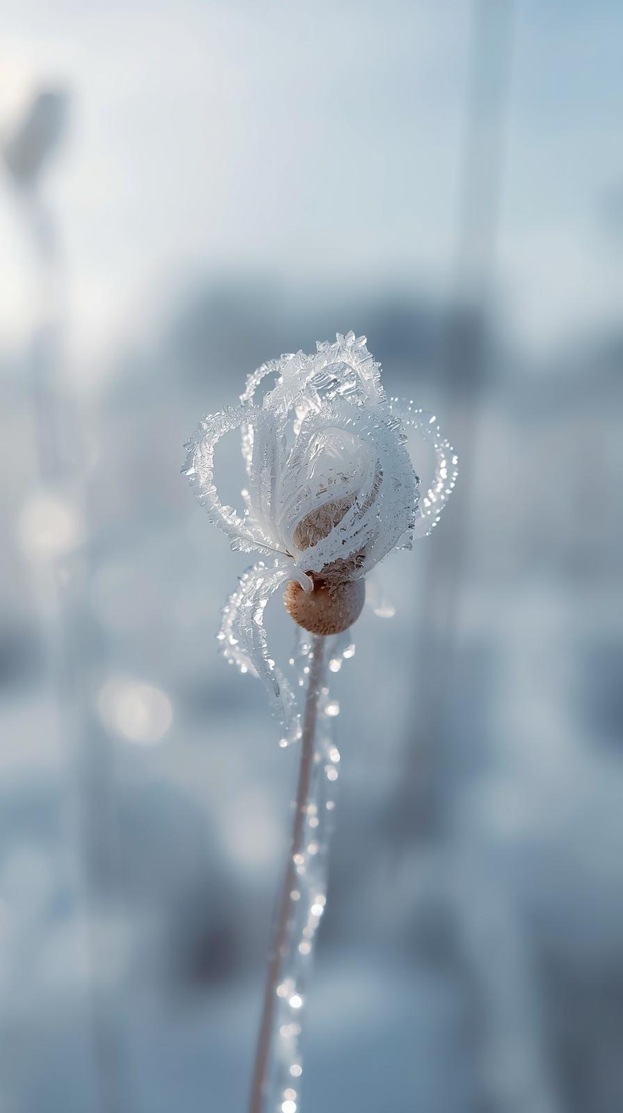 Ethereal Frozen Flower Bud Macro Wallpaper - Serene Winter Nature