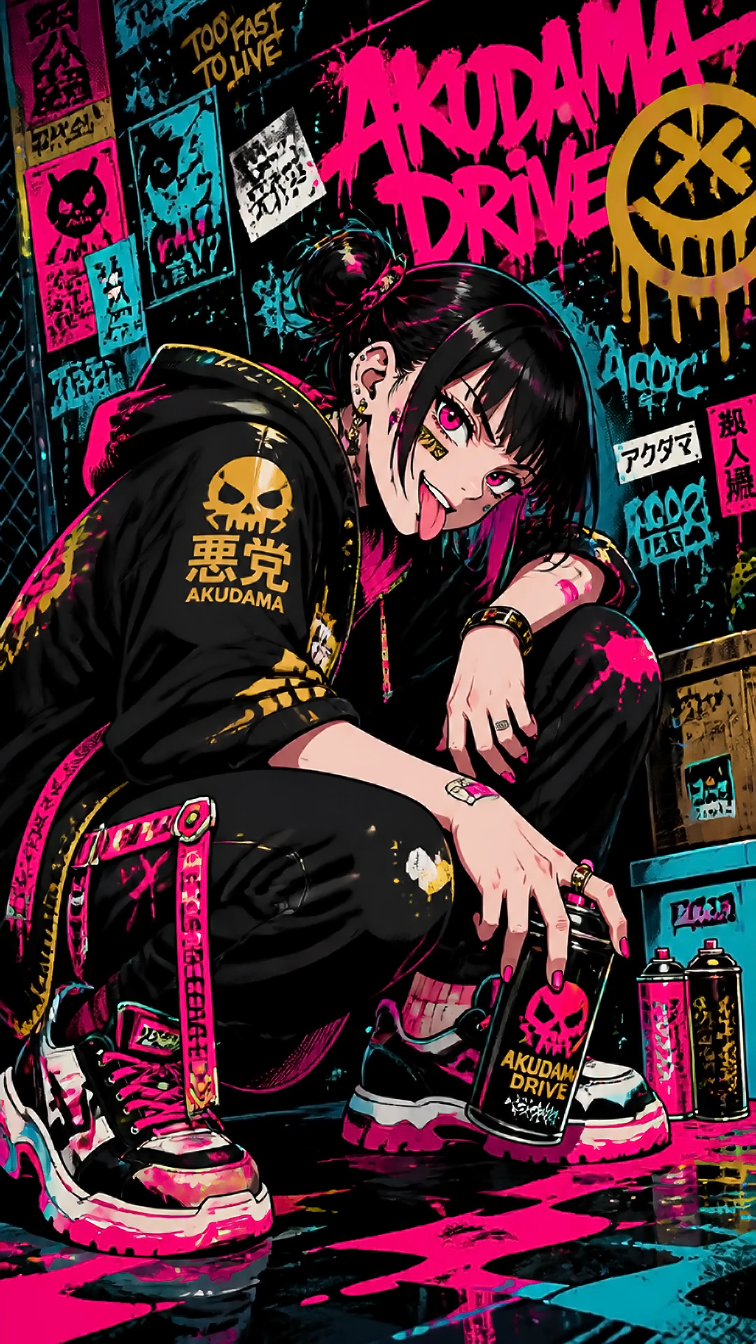 anime girl with pink eyes and black hoodie crouching in front of hot pink graffiti walls