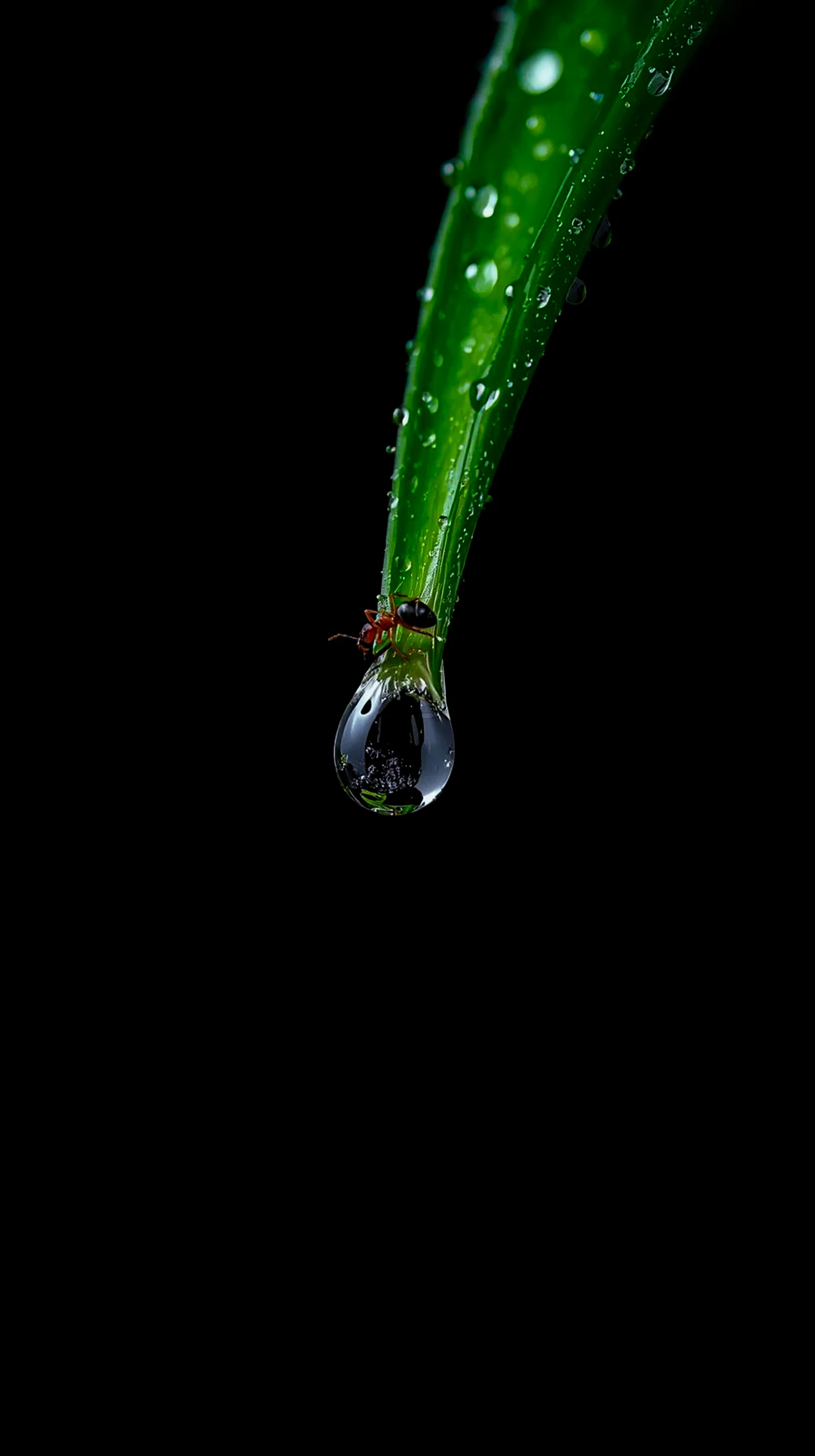 A close-up amoled wallpaper 4k for mobile showing a dewdrop on a grass blade with a red ant, perfect as an iphone