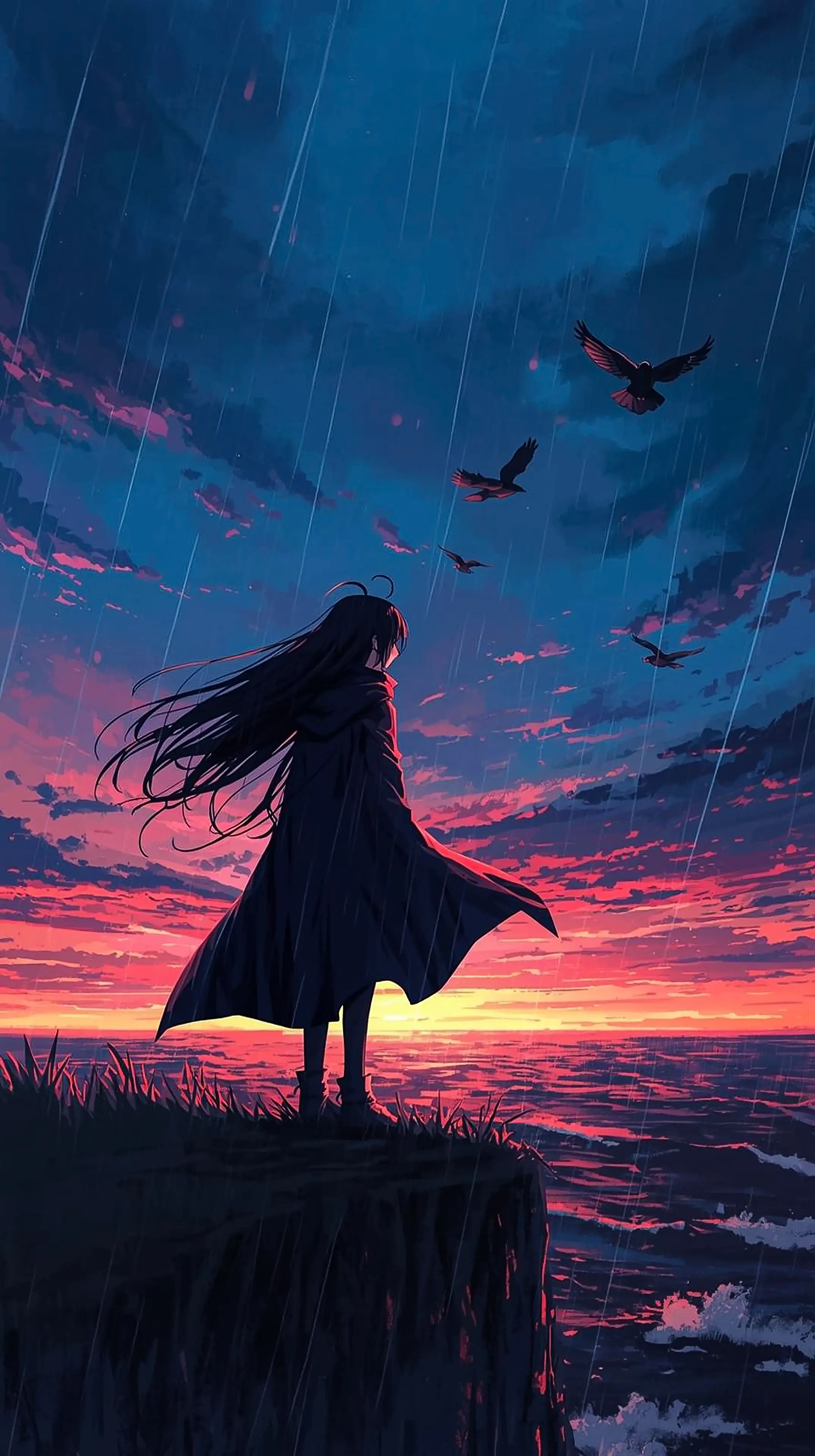 iphone wallpaper 4k Melancholic Anime Girl Standing on Cliff Edge in Heavy Rain Long Flowing Hair Red Cape Ravens Flying Dramatic Sunset Ocean Horizon