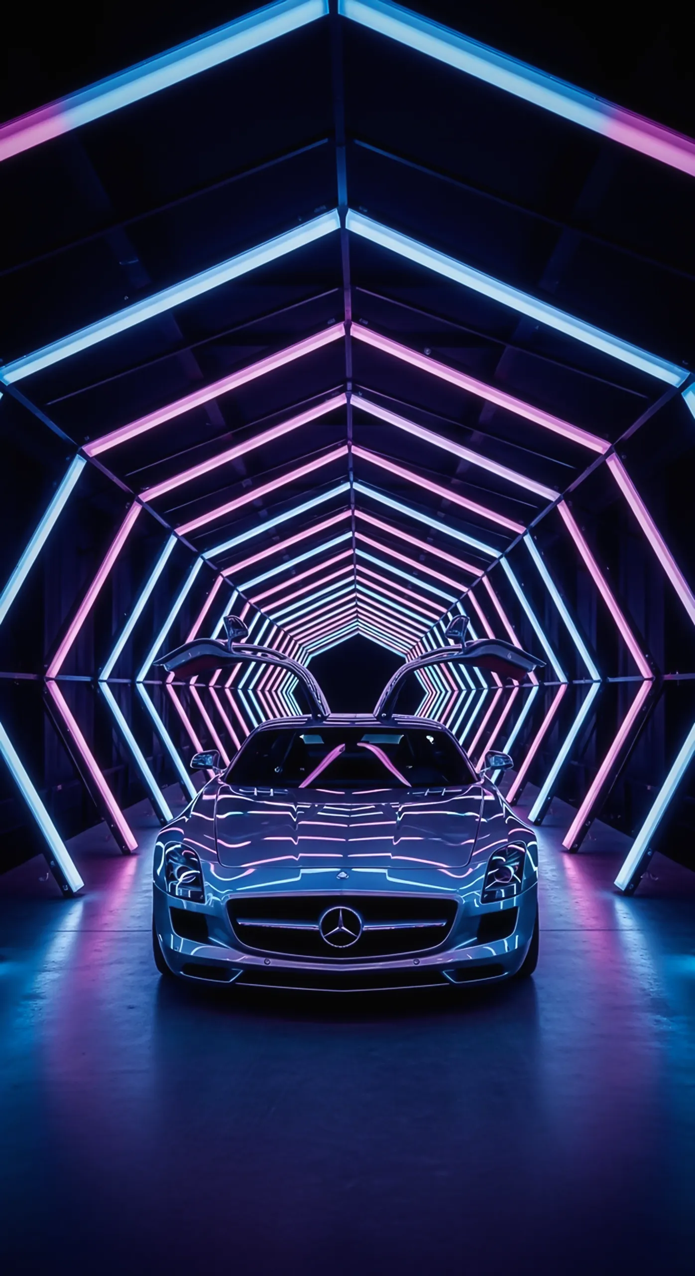 Mercedes-Benz SLS AMG car iPhone wallpaper in a vibrant neon tunnel, perfect car wallpaper 4K for mobile and car