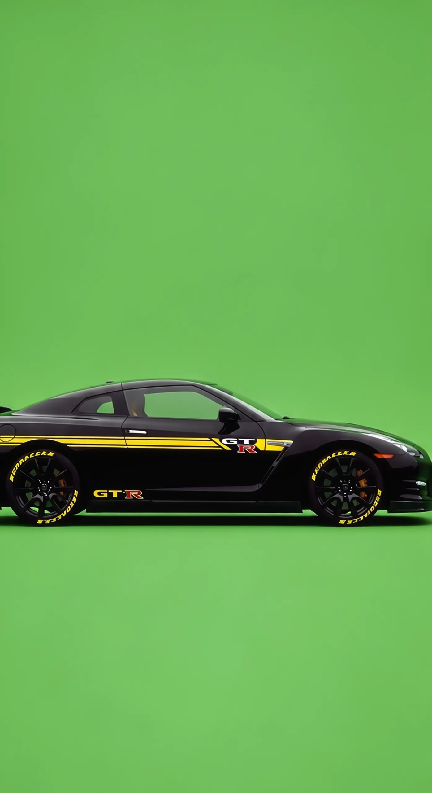 Black Nissan GT-R car iPhone wallpaper, car wallpaper 4K for mobile, with yellow racing stripes and tire lettering.