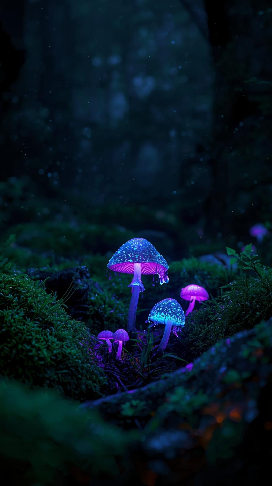 Bioluminescent mushroom forest at midnight