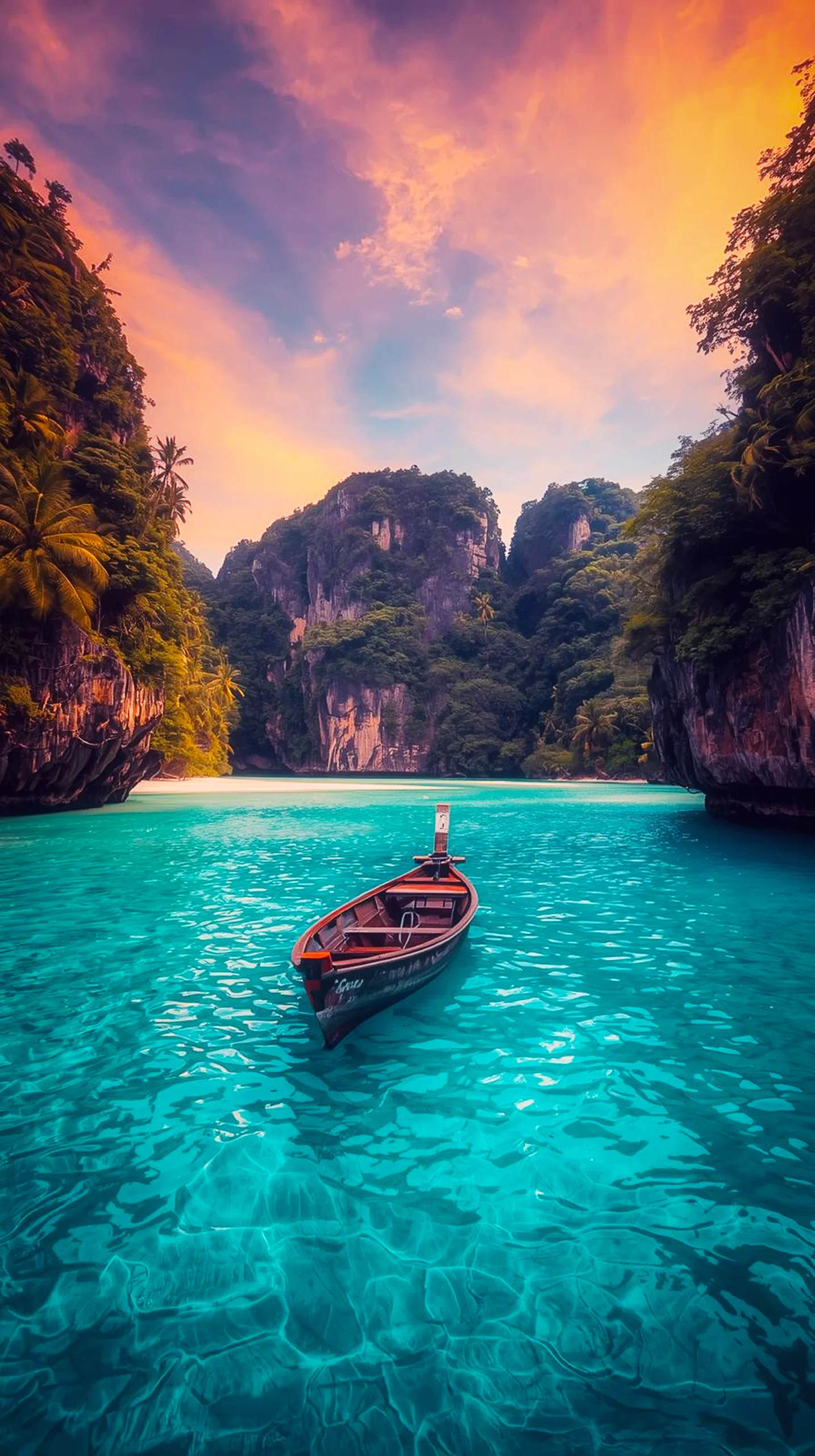 Tropical lagoon boat as an iphone wallpaper 4k, cute 4k wallpaper for iphone, 4k backgrounds, and wallpaper for phone.