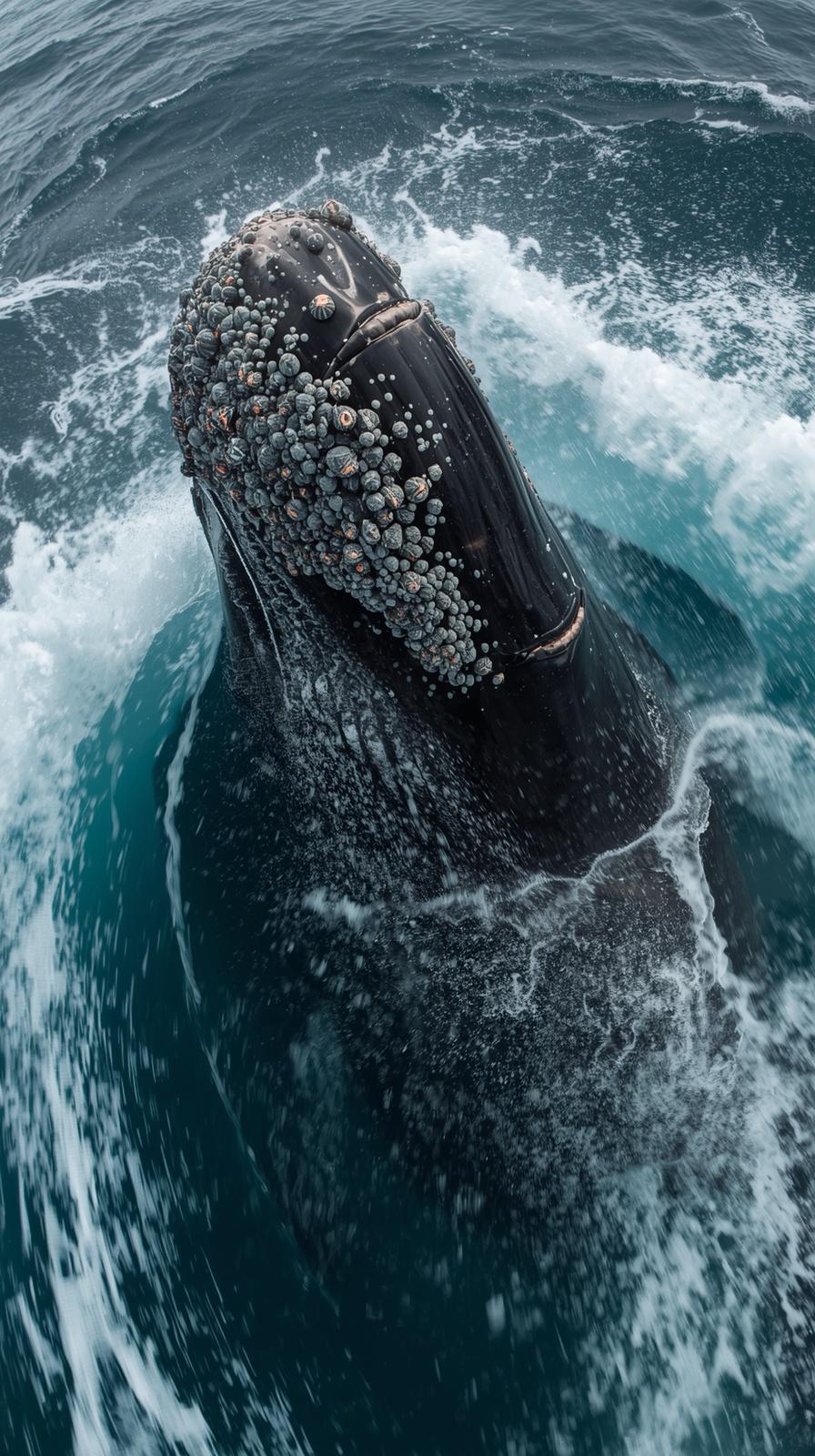 A majestic whale breaching the dark blue ocean waves with visible barnacles on its head.