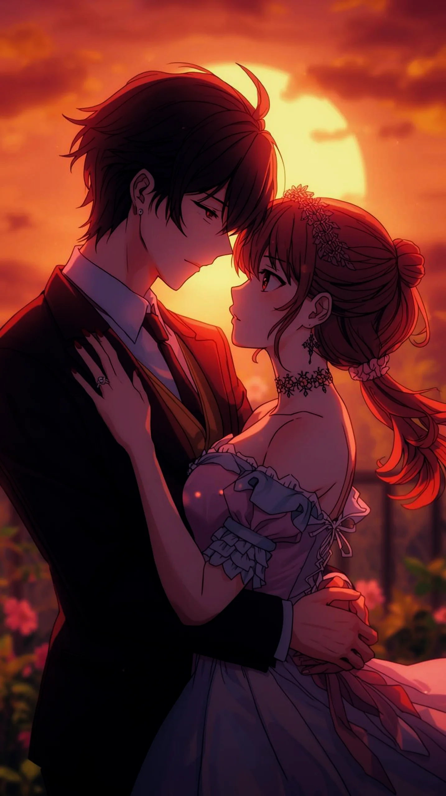 romantic anime couple sunset wallpaper for iPhone Android 4K