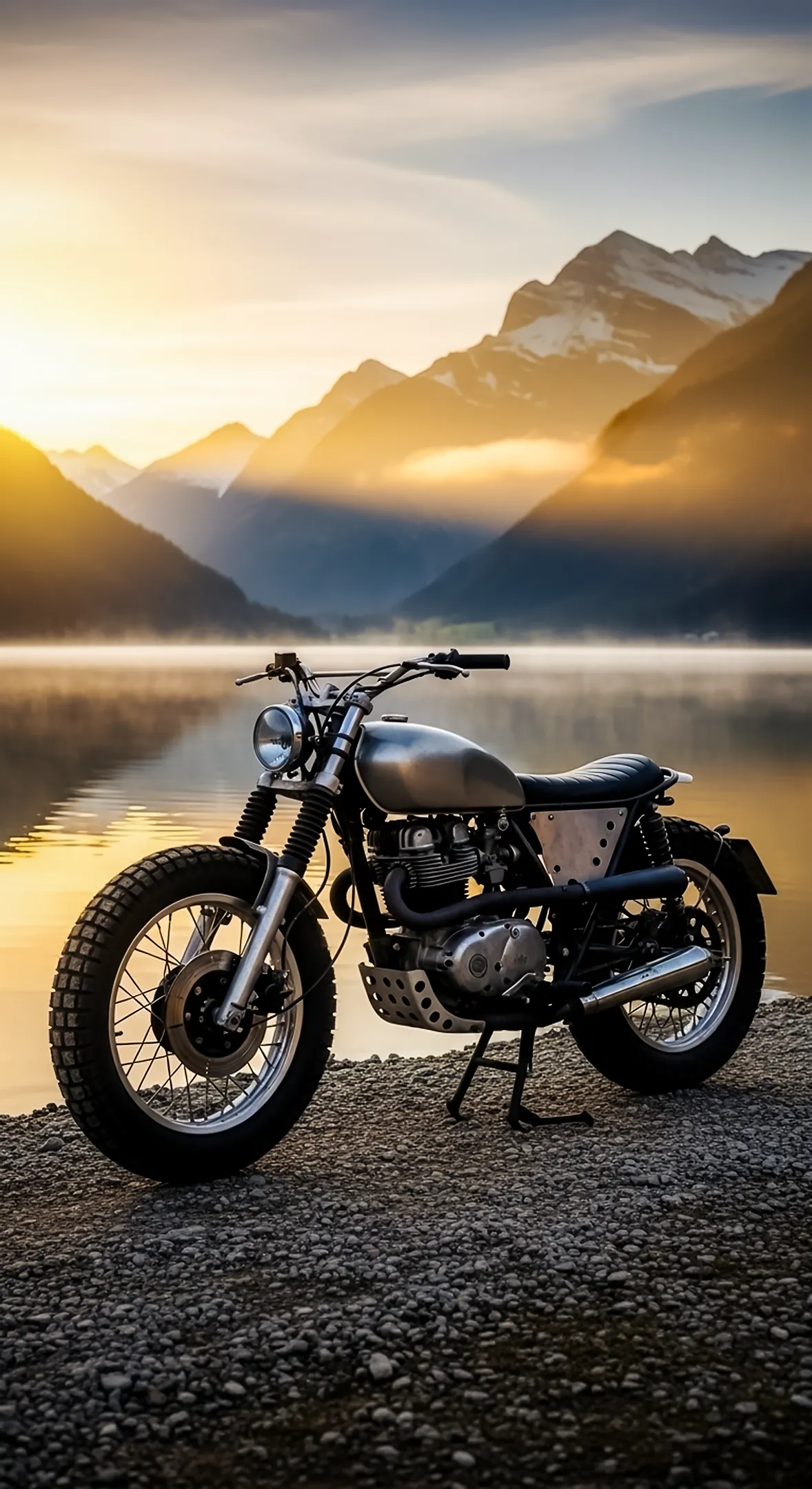 4K wallpaper for mobile of a cafe racer motorcycle by a lake with mountains. iPhone wallpaper 4k, phone wallpaper, cute