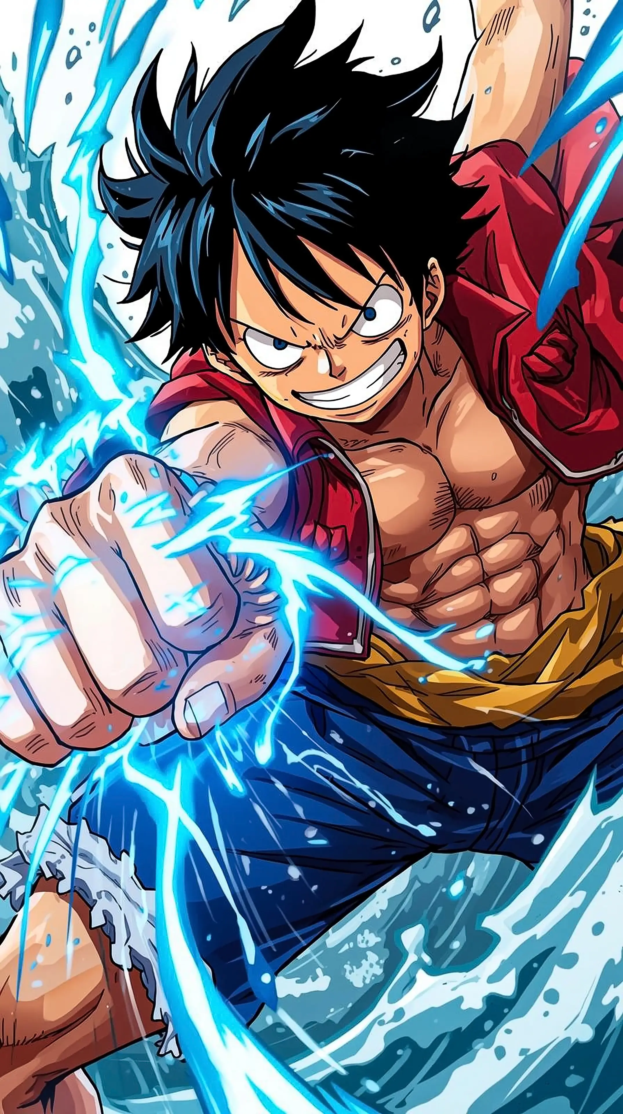 4k wallpaper for mobile Intense Luffy Gear 2nd Form Blue Steam Lightning Fist Mid-Air Strike Spiky Black Hair Wide Grin Epic Battle Pose