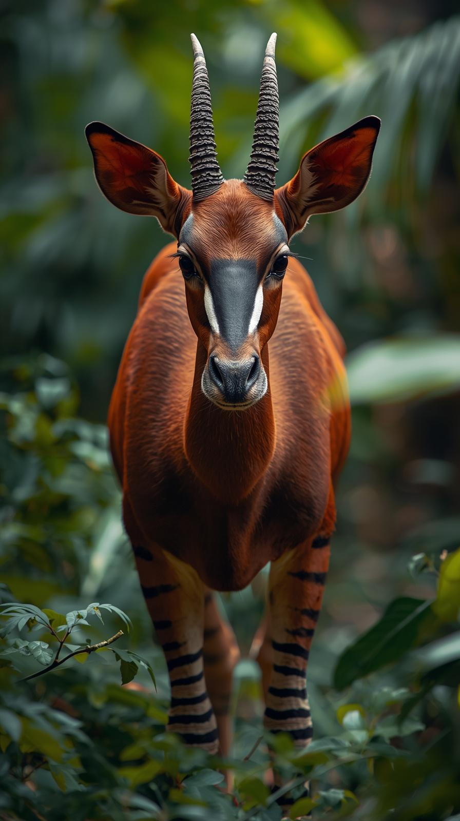 Bongo antelope in lush green forest, majestic horns, serene mood.