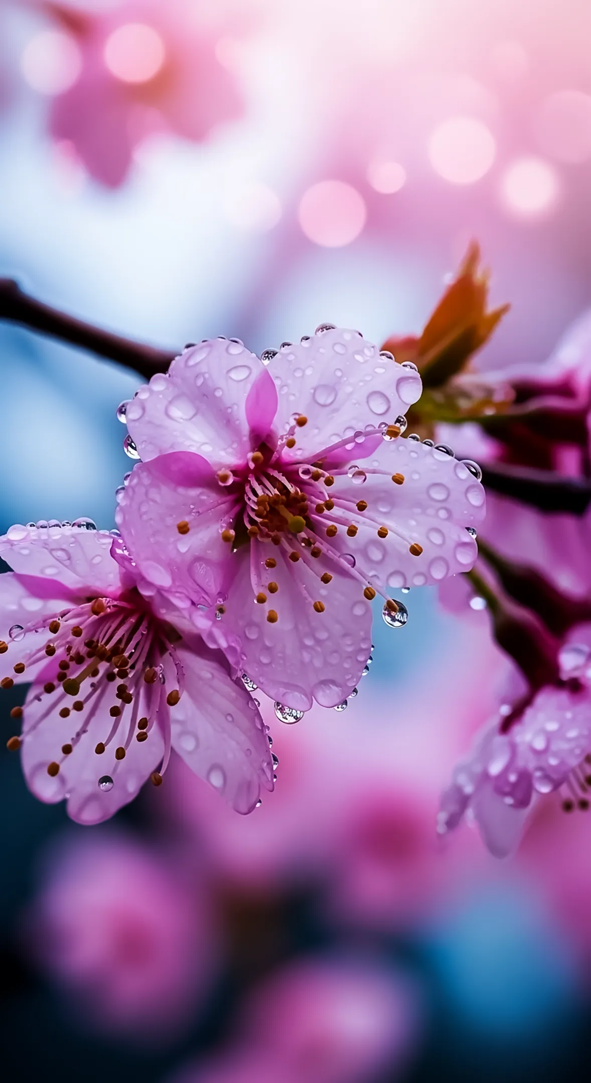 Close-up of pink cherry blossom flowers with dew drops, perfect as a flower background for iPhone or flower phone