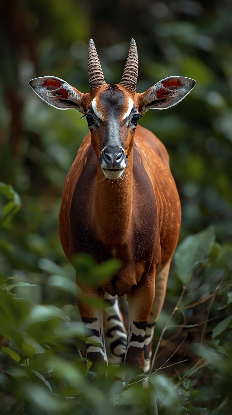 Majestic Bongo antelope in lush forest, looking directly at viewer.
