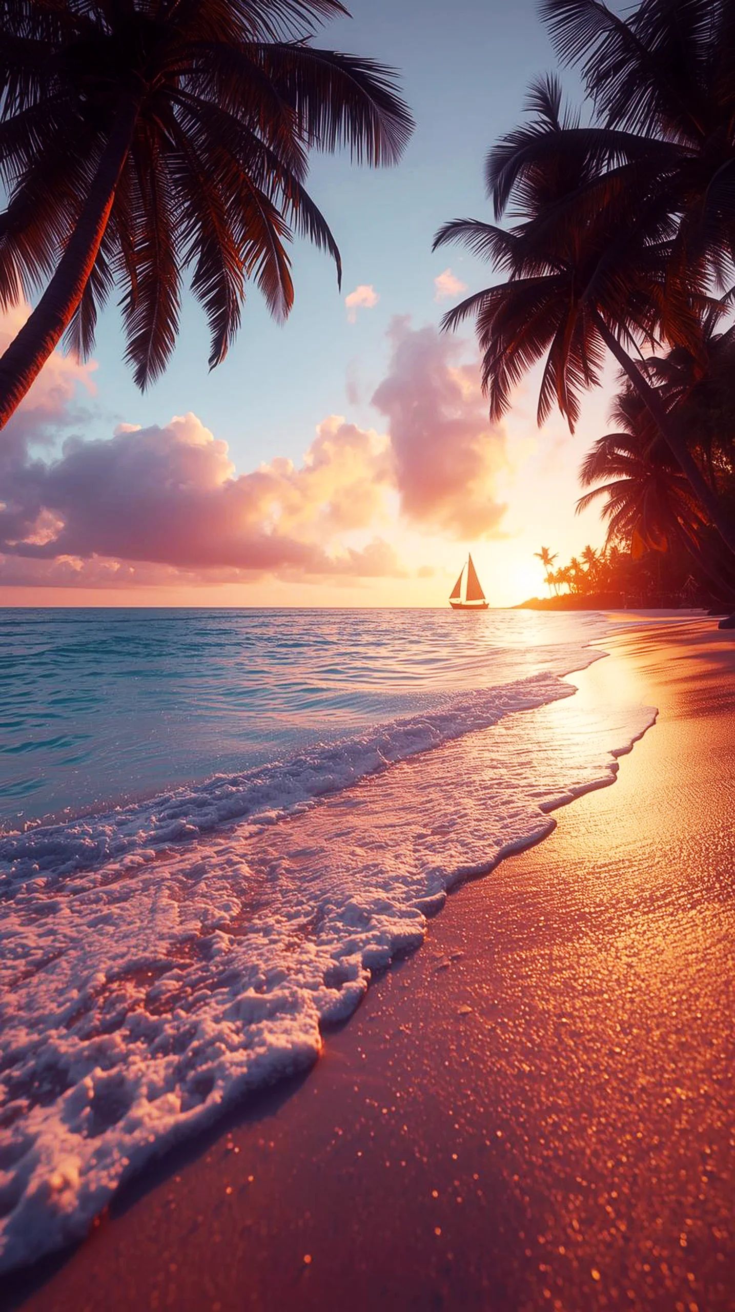 Tropical sunset beach scene with palm trees, ocean waves, and a sailboat. iPhone wallpaper 4k, 4k wallpaper for mobile,