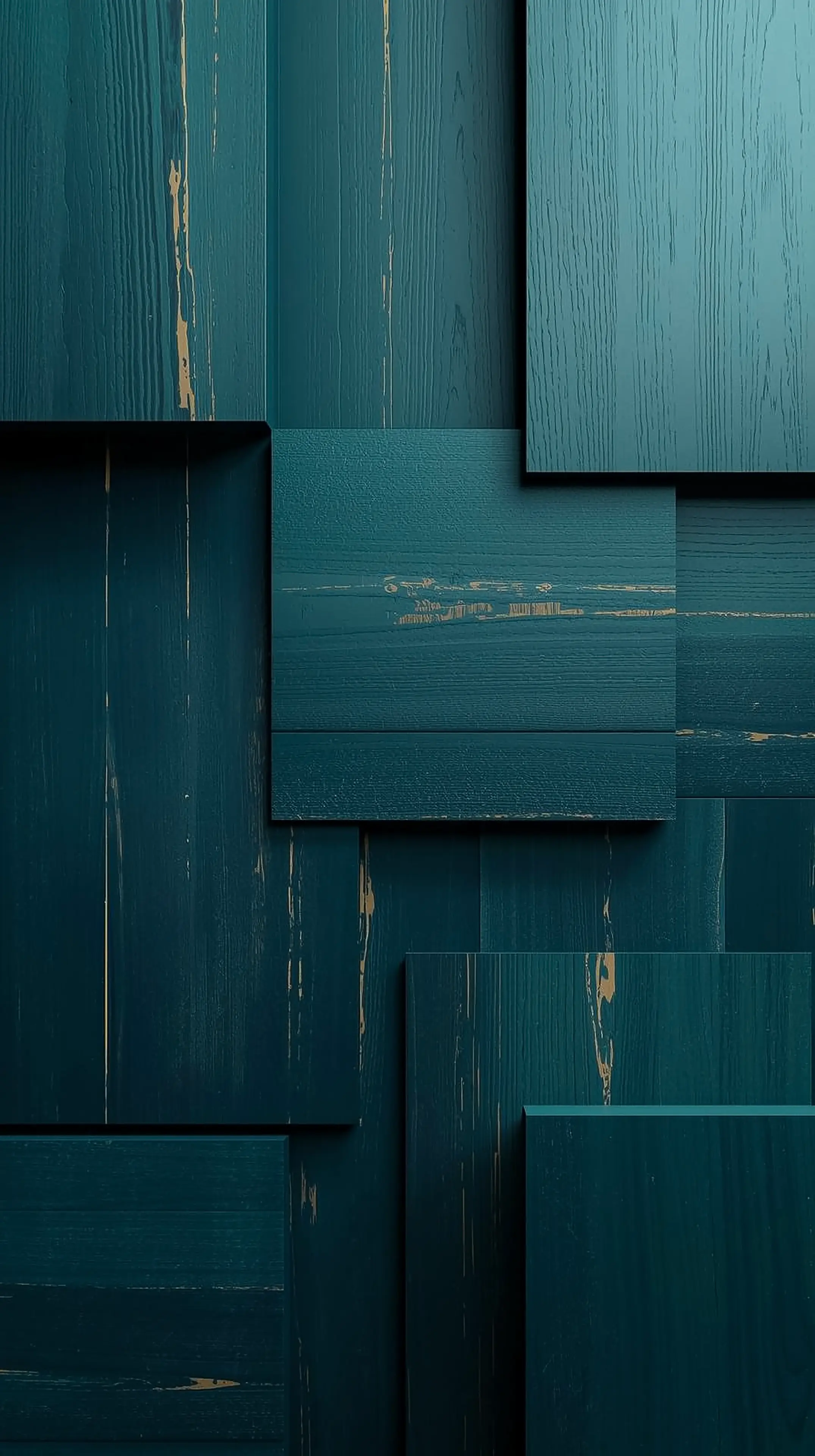 4k wallpaper for mobile Deep Teal Wooden Plank Mosaic, Textured Navy Blue Timber Panels with Golden Grain Highlights and Modern Geometric Layout