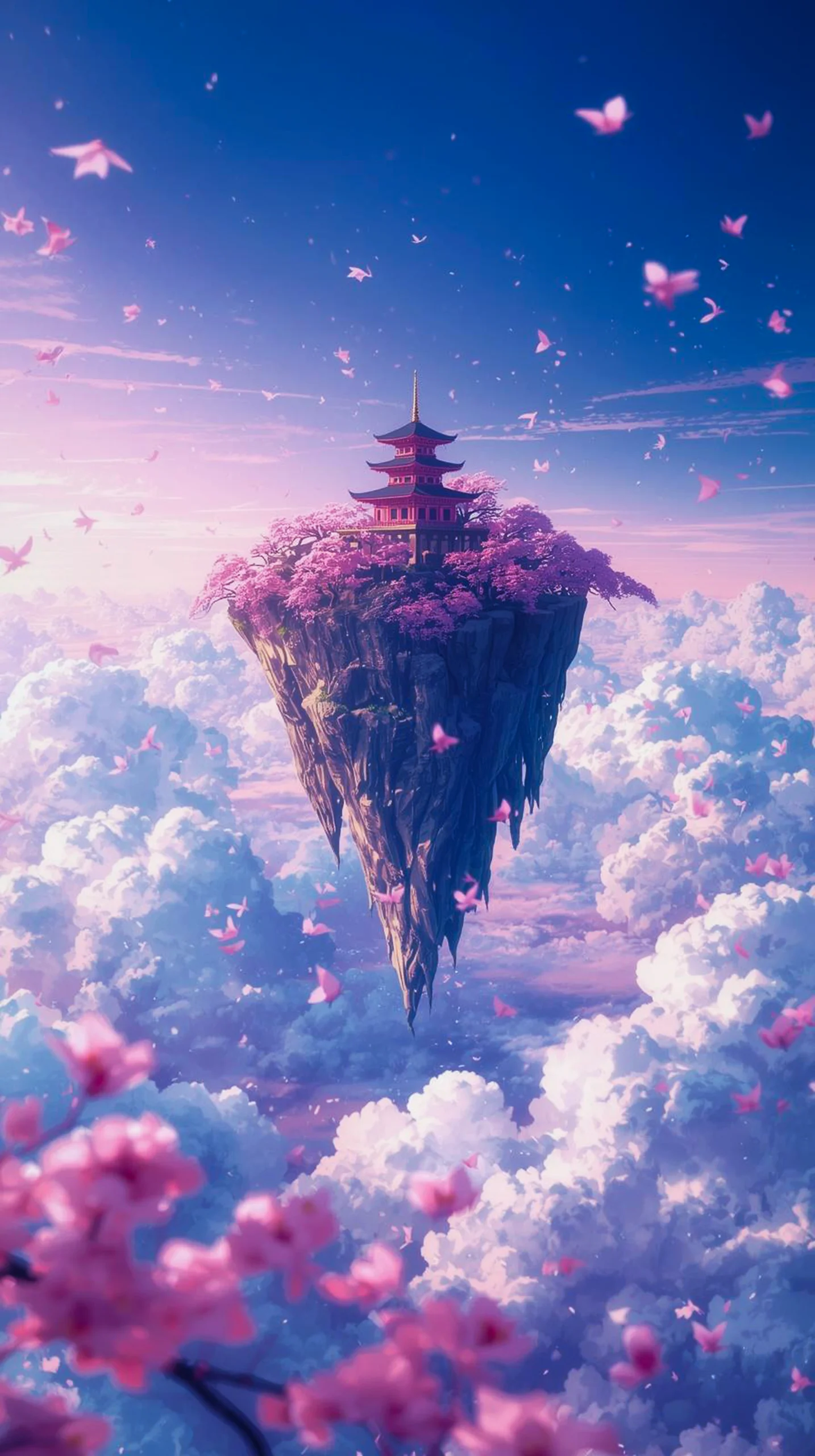 Aesthetic anime floating pagoda iphone wallpaper and phone background with cherry blossoms for mobile wallpaper.