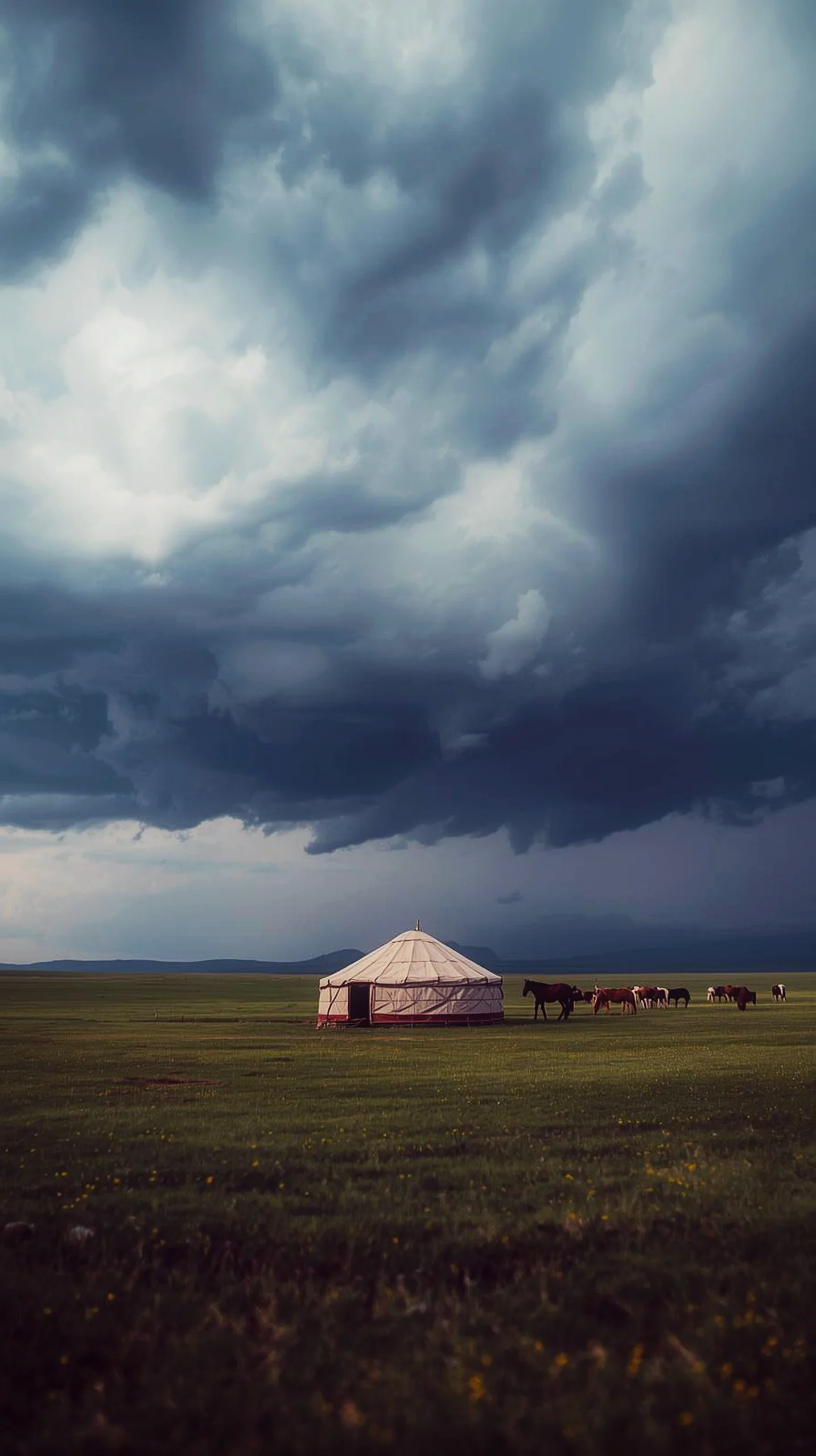 iPhone wallpaper 4K of a yurt and horses on a grassy plain under dramatic, stormy skies. 4K wallpaper for mobile,