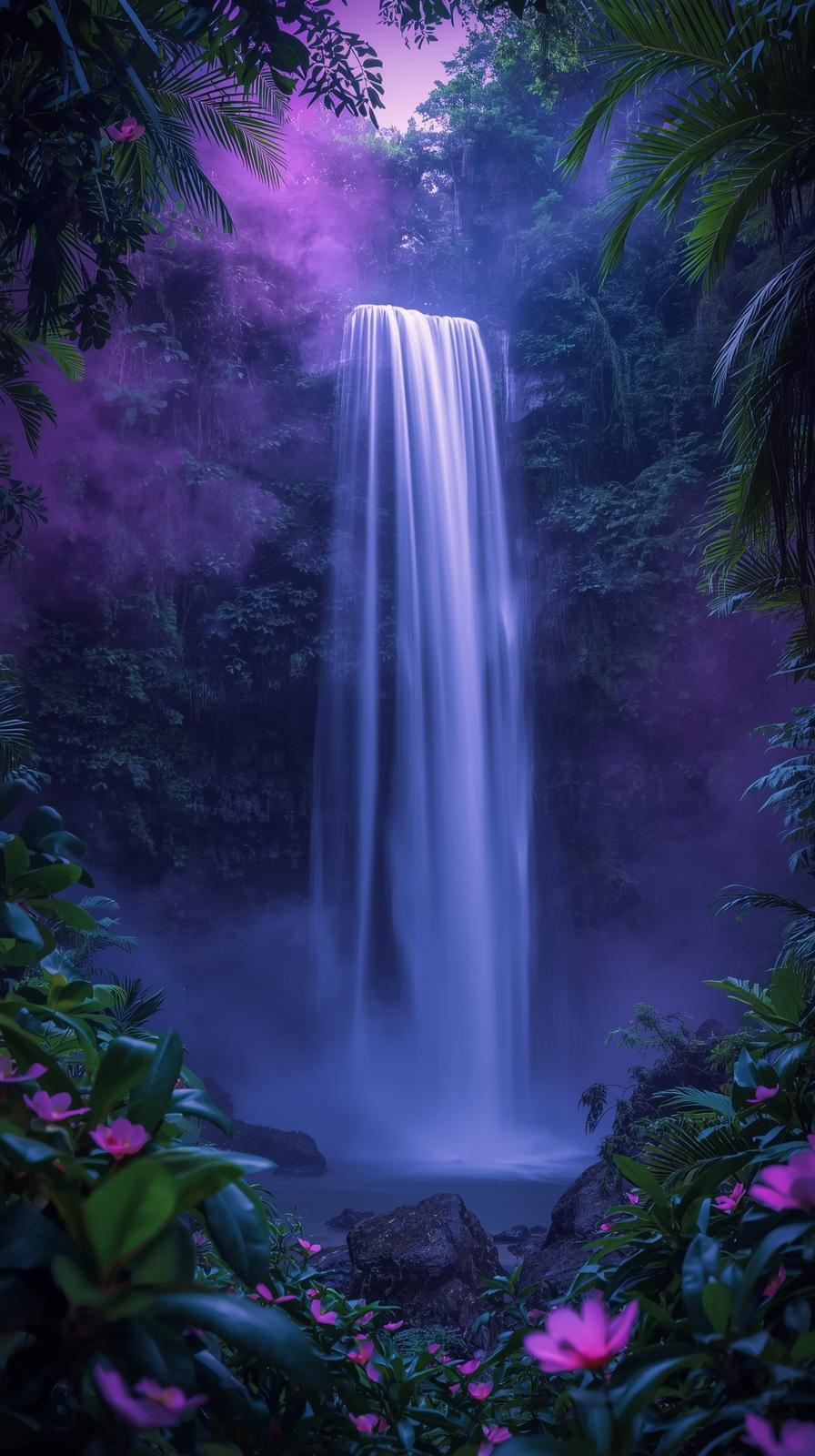 Tropical rainforest waterfall at twilight