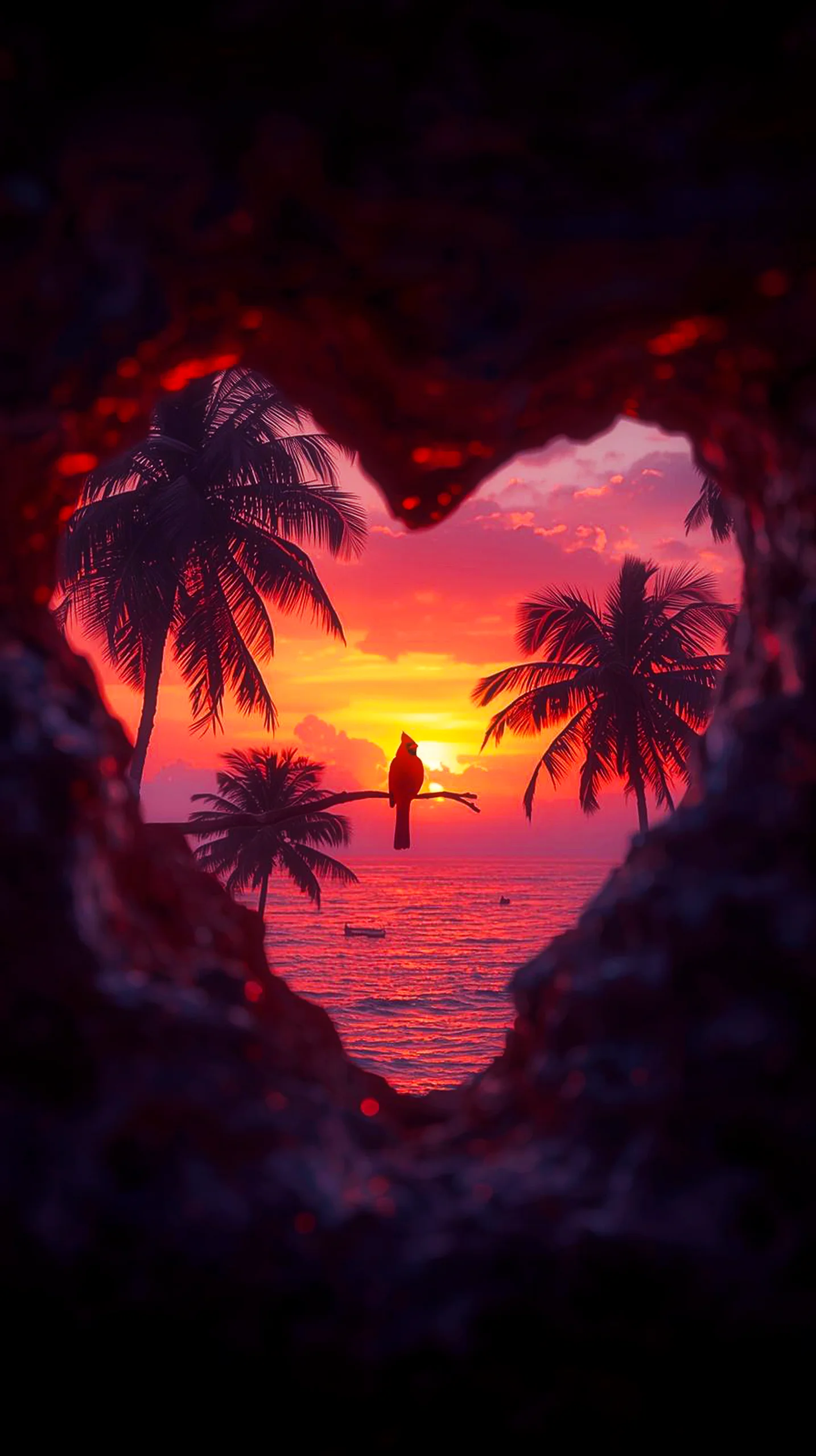 Heart-shaped view of a tropical sunset with a bird, perfect iphone wallpaper 4k, cute 4k wallpaper for iphone.