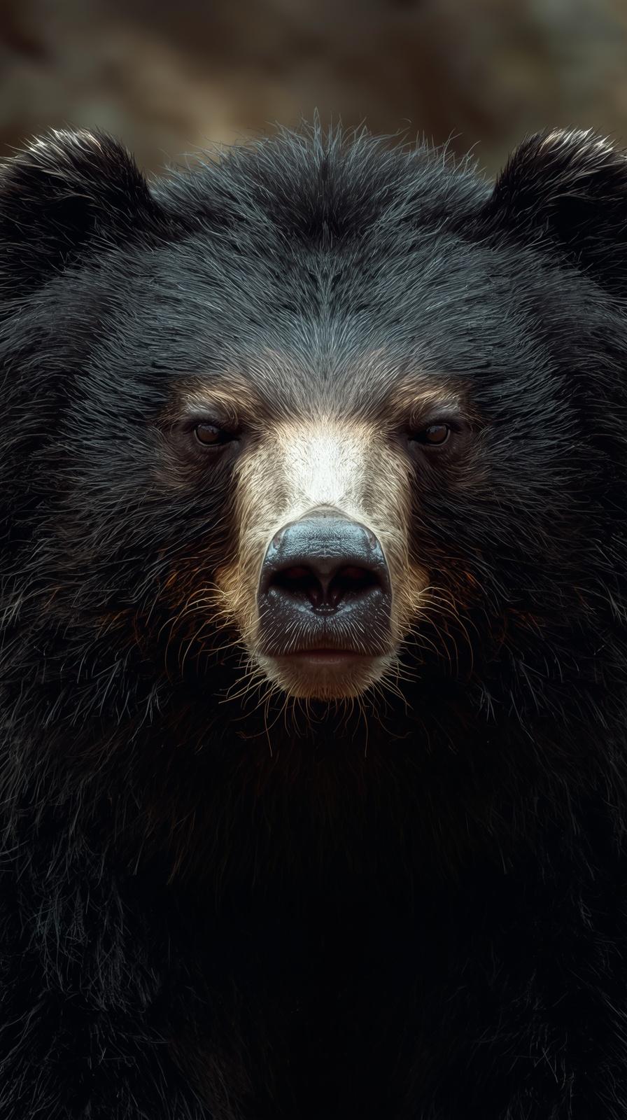 Close-up portrait of a black bear's face with intense eyes and dark fur.