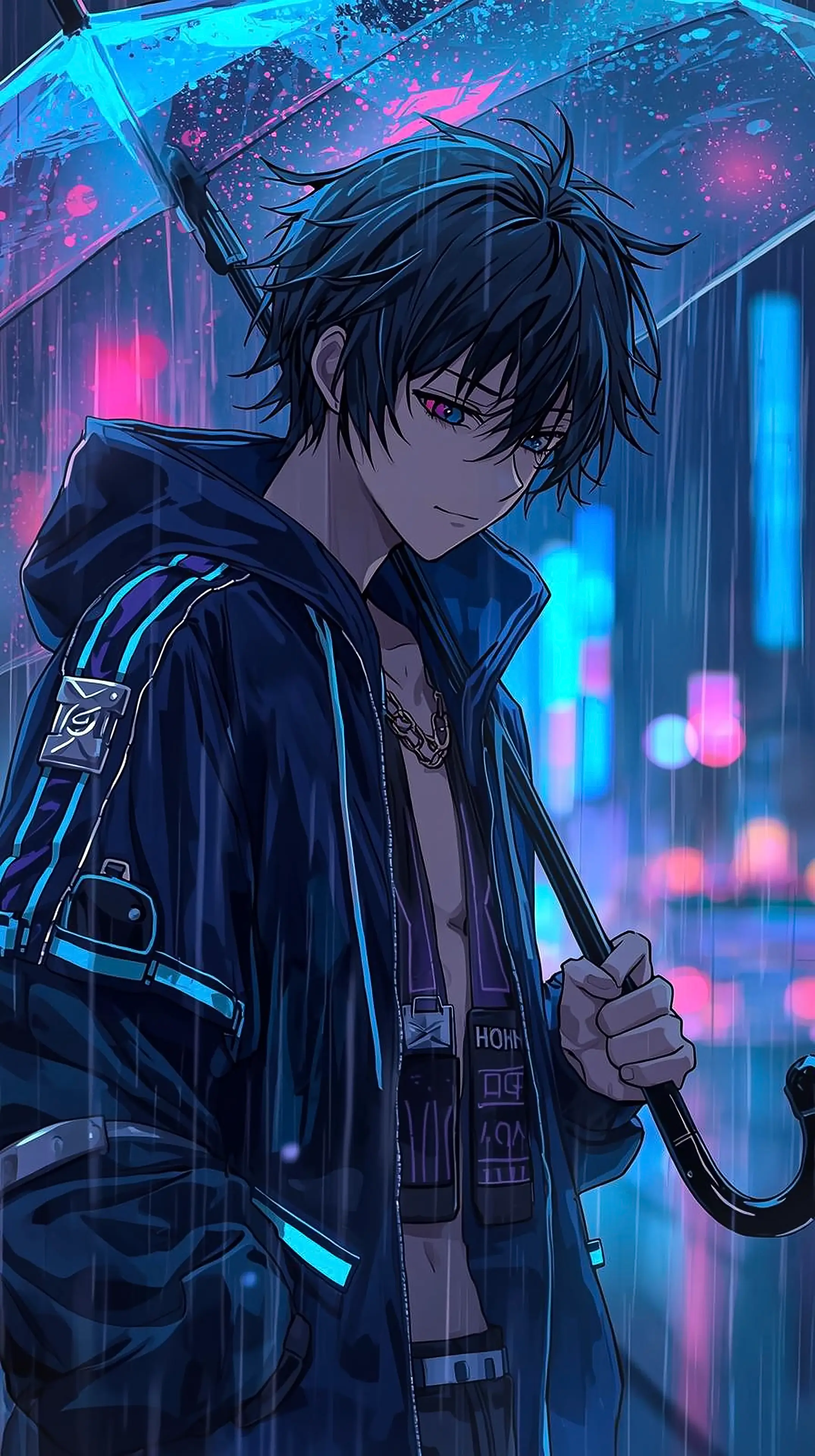 4k wallpaper for mobile Stylish Anime Guy Holding Umbrella Rainy Neon Street Black Hair Pink Eyes Futuristic Hoodie Glow Vibes