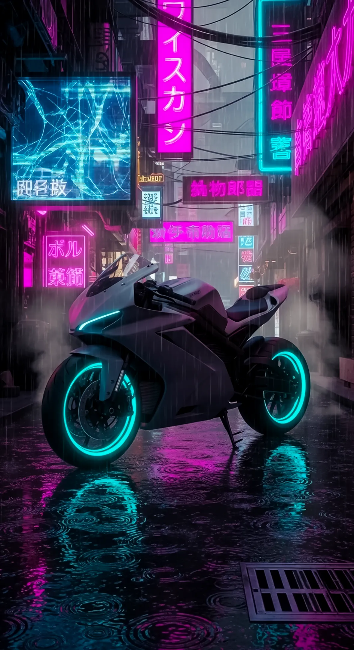 Cyberpunk motorcycle phone wallpaper, neon city, 4K iPhone wallpaper, 4K mobile wallpaper, futuristic bike