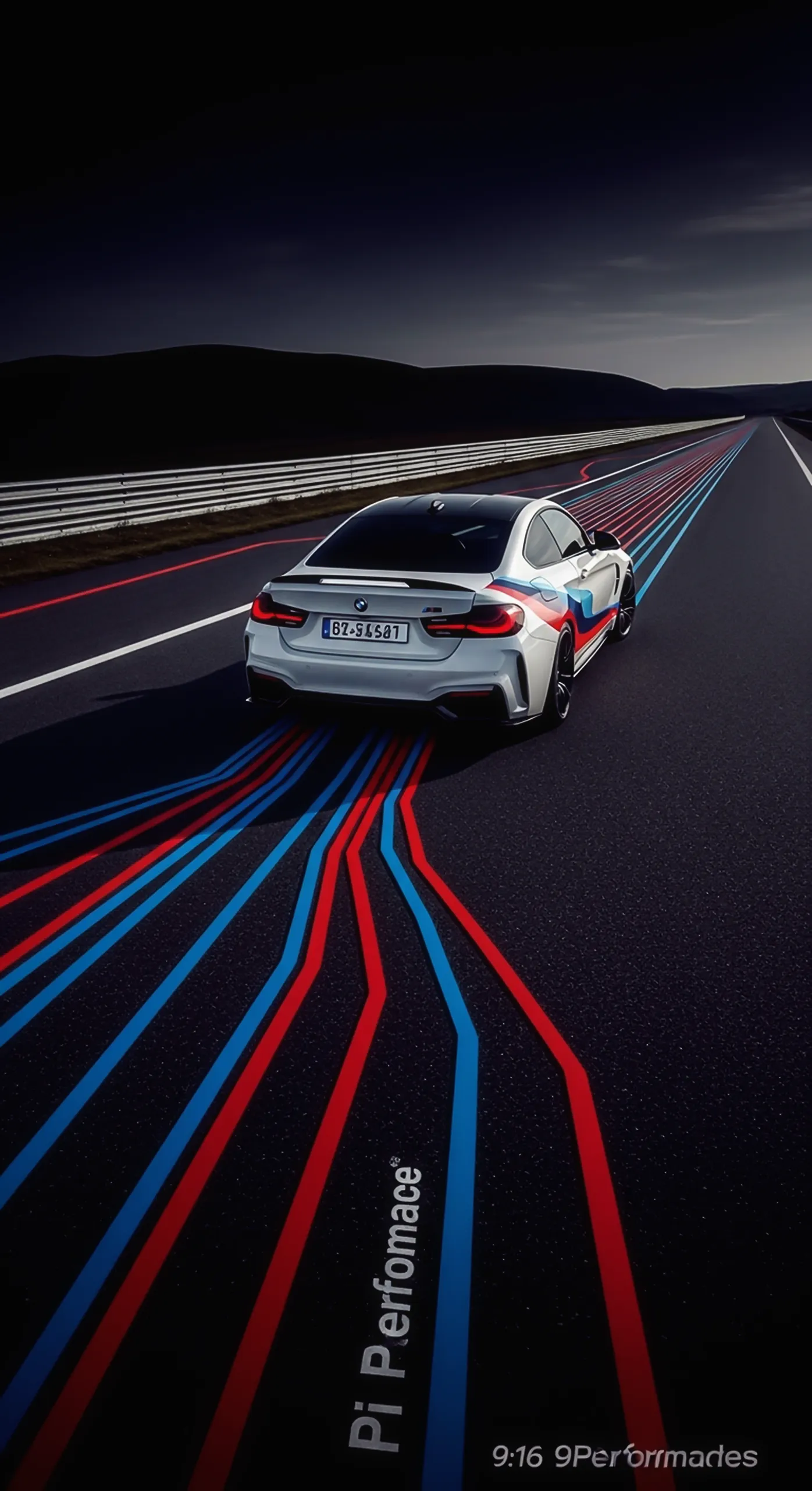 White BMW M4 on a dark road with red and blue lines, perfect car iphone wallpaper and car wallpaper 4k for mobile. Best